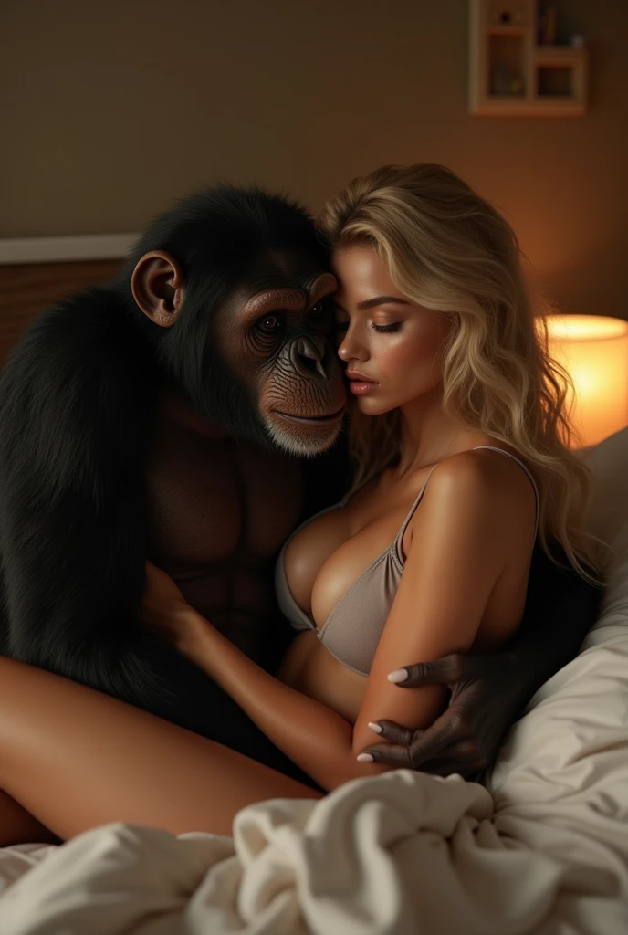 Stunning blonde woman with big boobs and sexy hips naked in sexual position Planet of the Apes fornicating with her lying down and Bonobo male kissing her breasts 