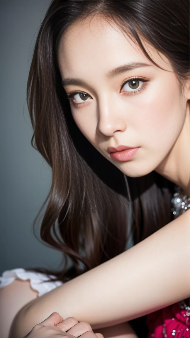 Wavy long hair, Brown Hair, One Girl, Emerald Eyes, Shake with two fingers, Pink Lips, Pastel Green Dress,