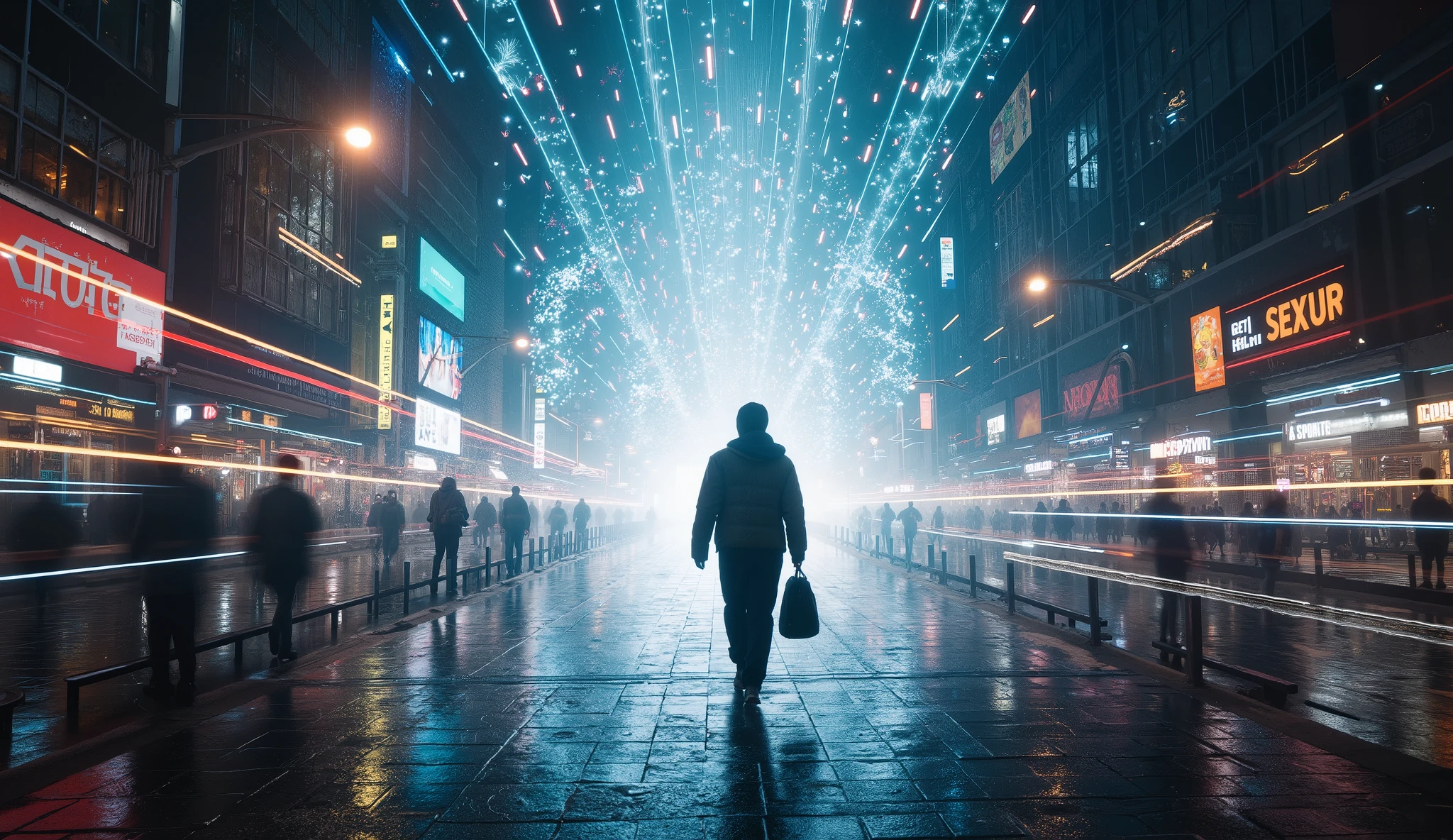 "primer plano, de frente, A lone traveler walking through an ethereal cityscape, where time slows down around them. Pedestrians glow with light trails as they move, representing fleeting thoughts and moments. The traveler remains calm and centered, their movement unaffected by the world around them. The city pulses with surreal energy, symbolizing the contrast between external chaos and internal stillness. Photorealistic 8K, striking urban lighting, masterful depth, 16:9 widescreen format."