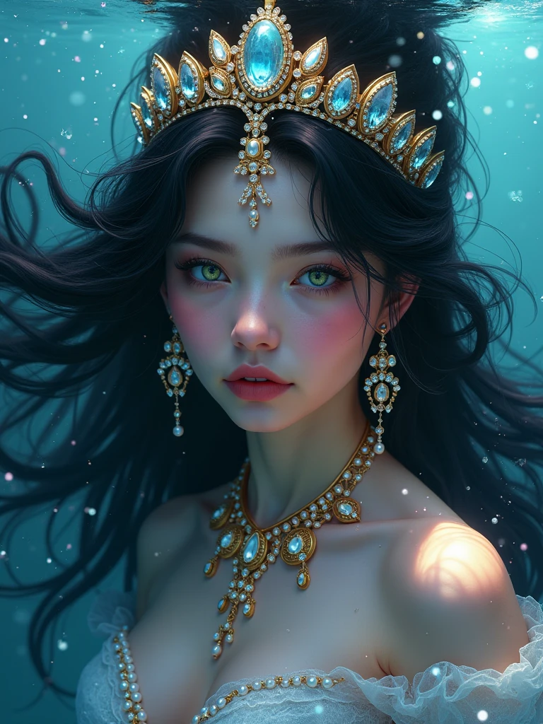 a beautiful woman with long, straight, jet-black hair, intense blue eyes, within a sea where white rose petals rain down, she is with a white cobra, which wraps around her neck, a diamond crown on her head, with mist and white glow, the water reaches her waist. profile picture. animated digital art