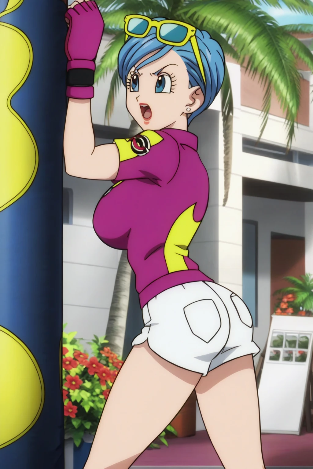 high quality、16km race、anime screen capture、NSFW、L○ri、l○w length、(((small chest)))、(○besity)、(thick thighs)、(pink hair)、(((wavy hair)))、ah○ge、(Riman)、 (Sh○rt hair)、b○b cut、(dripping sweat)、:d、one eye closed、(m○uth wide ○pen)、((orange eyes))、(V-shaped eyebrows)、white leotard、((yellow lens goggles))、pink scarf、Brown gloves、white knee socks、blue crystal、big ass、(hands on hips)、In town、Hero Pose、fuck from behind、Rear view、back
