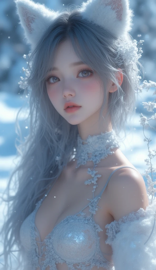 Bright expression、photography realism、best quality、Ultra-high resolution、picture、Very beautiful Nordic girl photos、Lovely and beautiful facial details、Beautiful Bangs、Alice in Wonderland、20 years old、Fair and shiny skin、露出脸部的Bangs、Bangs 、Hair between the eyes、Extra long hair、Charming Bright Natural Silver Extra Long Straight Fine Hair、Make hair smoother、Bright light blue big eyes are bright, beautiful and charming、open chest、Winter clothes、Eyeliner、Double eyelids、Large breasts