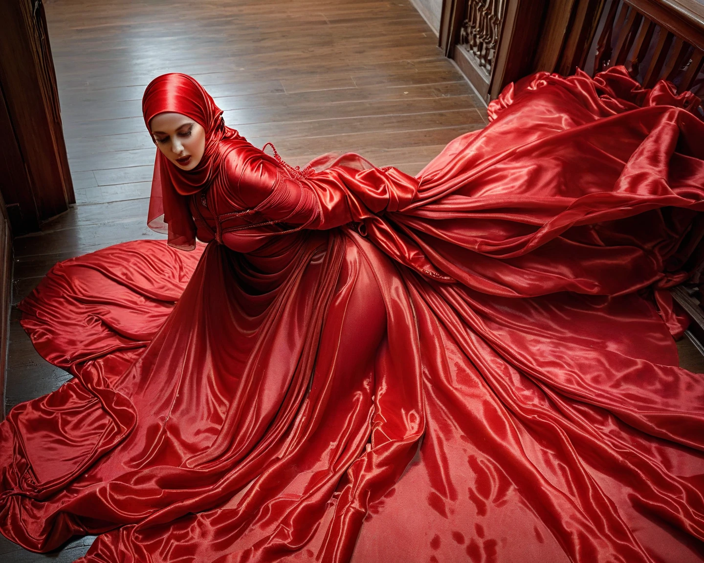 A woman shrouded in a 10-meter-long, plush red satin cloth, ballon sleeves, tightly bound and grandly draping along the form of her body, flowing off into a pooled floor-length train, styled in a mermaid-inspired outfit, her head modestly veiled in a satin hijab, 175 height woman, walk in photo studio, a full-body pose conveying a sense of elegance, captured in a 4k resolution, ultra-realistic