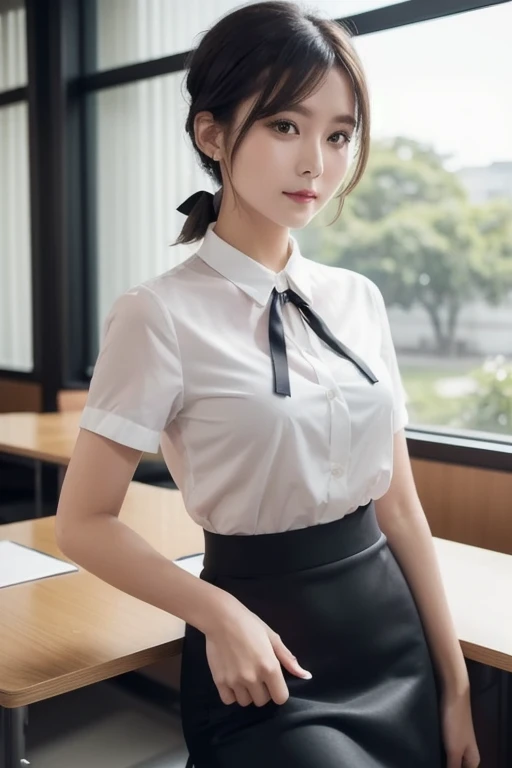 Thai Idol Depicted from below look down
Short blonde hair with bangs
white blouse black tight skirt garter belt stockings (lanyard id card) Mature Woman 35 years old red rouge plump lips round face Plump Eyes meet Office on the top floor of a skyscraper Female President Sweaty and see-through clothes Fold your arms bossily
