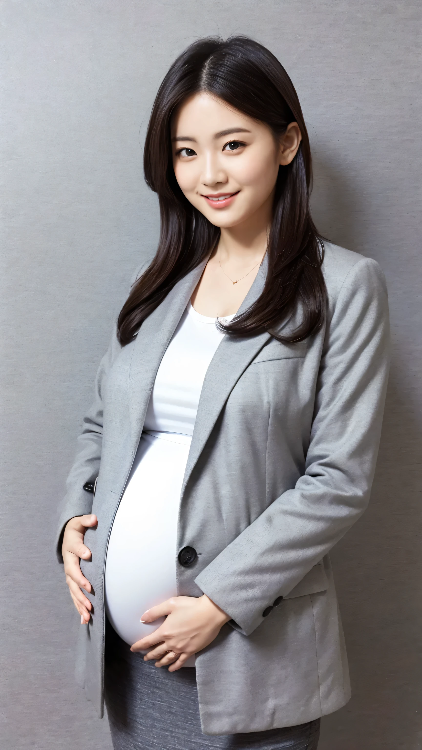One pregnant woman Pregnant。masterpiece, Highest quality, Very detailed, Surreal, Realistic, Detailed Studio, She is a judge on an audition show., Sitting in a chair。There is a desk in front of it。Teaching juniors at the lesson studio。profile、He has a pen and paper in his hand。smile、Look diagonally upwards