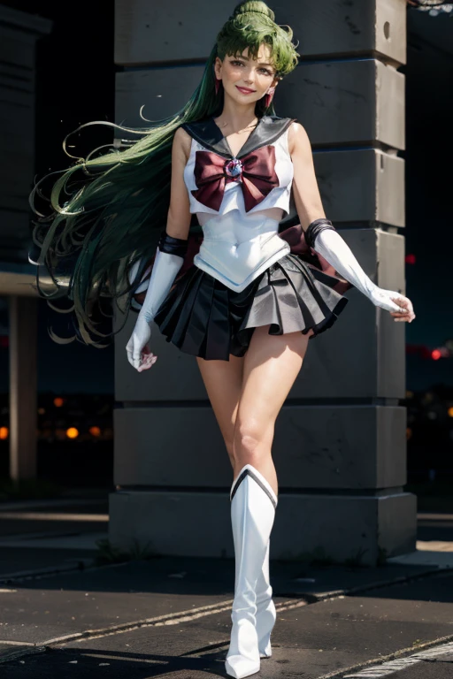 masterpiece, best quality, high resolution, 1 Girl, Solitary, Ponytail, Green Hair, (Elbow gloves), Headdress, Crimson bow, Tight top, (Black sailor collar), White gloves, earrings, Smile, Pure background, Clean background, White background, Black skirt, (Sailor Pluto), (Sailor Pluto), permanent, walk, Back, front, Looking at the camera, Dynamic poses. Leng Jun, White top, Elbow gloves, Black boots, Standing，shiny skin， on the floor
