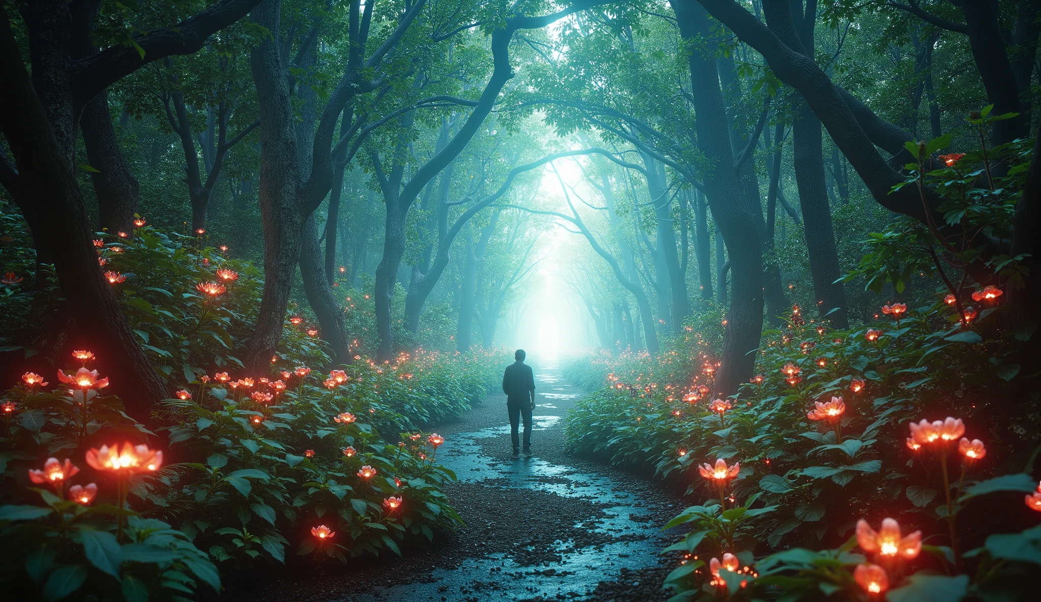 "A majestic botanical garden, where the paths shift and change as a figure walks through, surrounded by glowing vines and flowers that respond to their presence. Each plant radiates subtle light, symbolizing the connection between internal reflection and external reality. In the distance, a door of radiant light stands open, inviting the figure to deeper awareness. Hyper-detailed 8K, intricate textures, cinematic glow, 16:9 widescreen format."