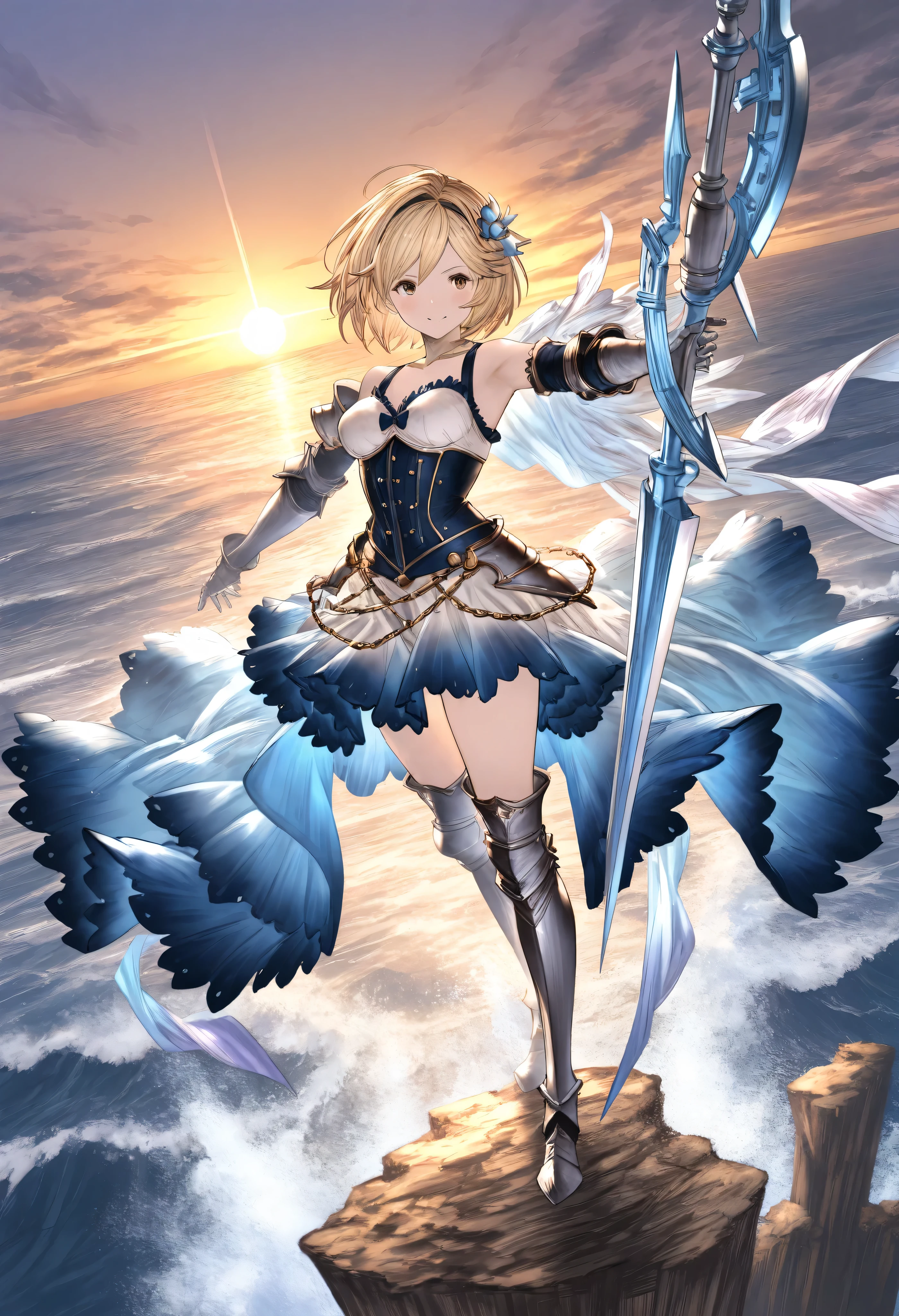 masterpiece,best quality,highres,cinematic lighting,dramatic angle,<lora:ShadowverseShionV1:0.8> ,1girl,cowboy shot,hairband,blonde hair,ahoge,blue eyes,short hair,looking at viewer,skirt,breastplate,shoulder armor,liquid armor,thighhighs,thick thighs,blue gloves,glowing,magic,serious,blush,dynatic angle,water,depth of field,floating objects