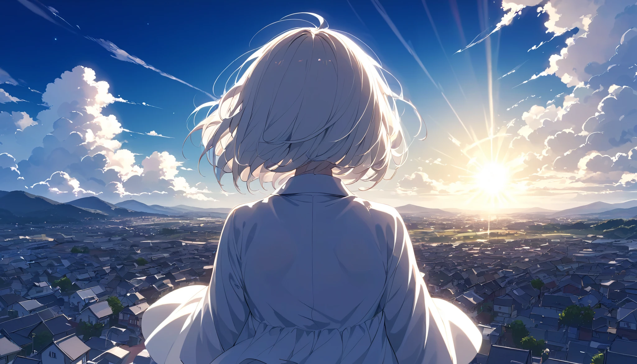 null、真っ赤なnull、星null、woman、Back view、town、 backlit、青null、 White Clouds 、Sunshine pours down、White bob hair