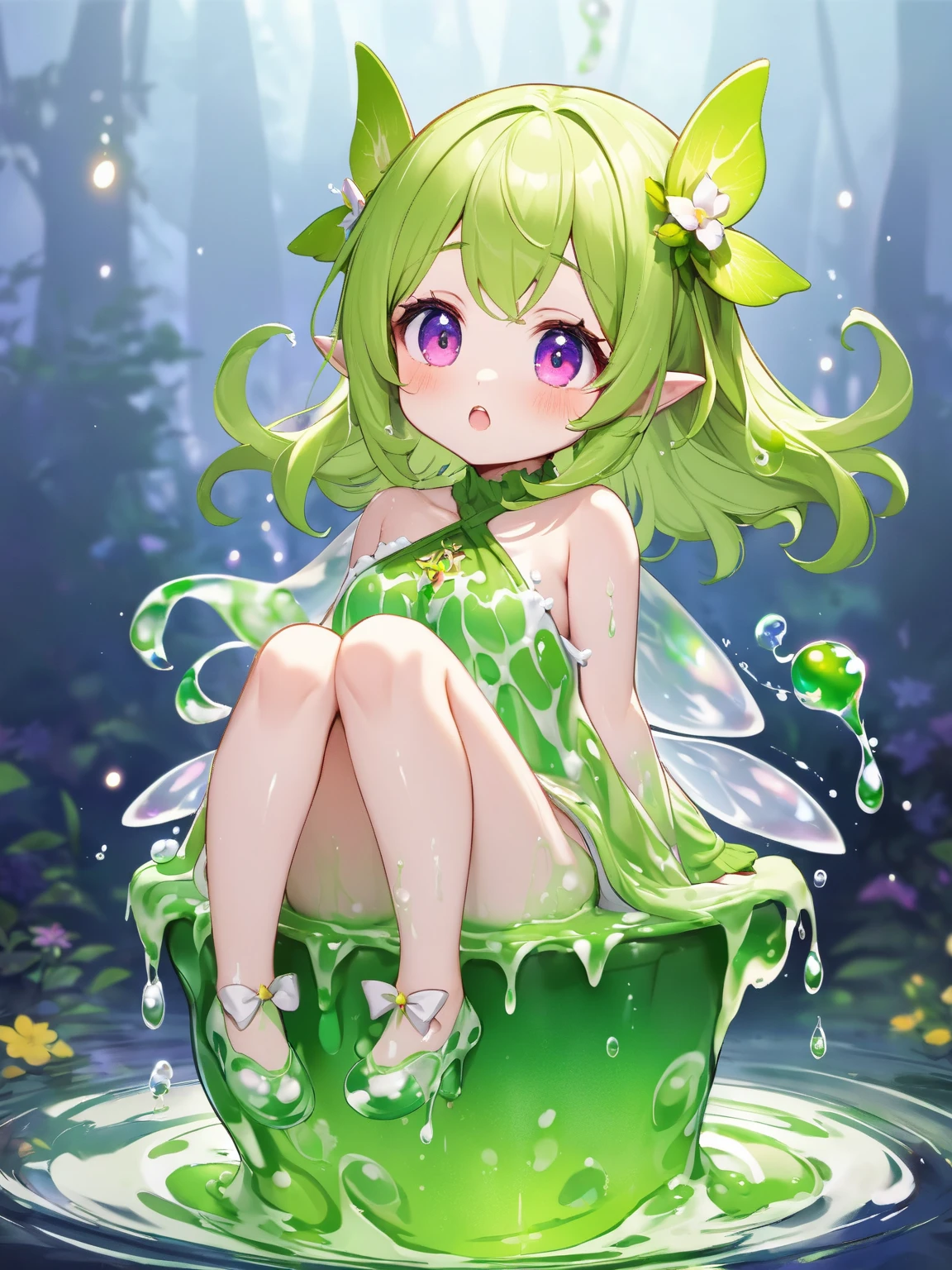 a cute little naked flat-chested fairy with dragonfly wings submerged in a giant glass of fizzy lemon-lime soda