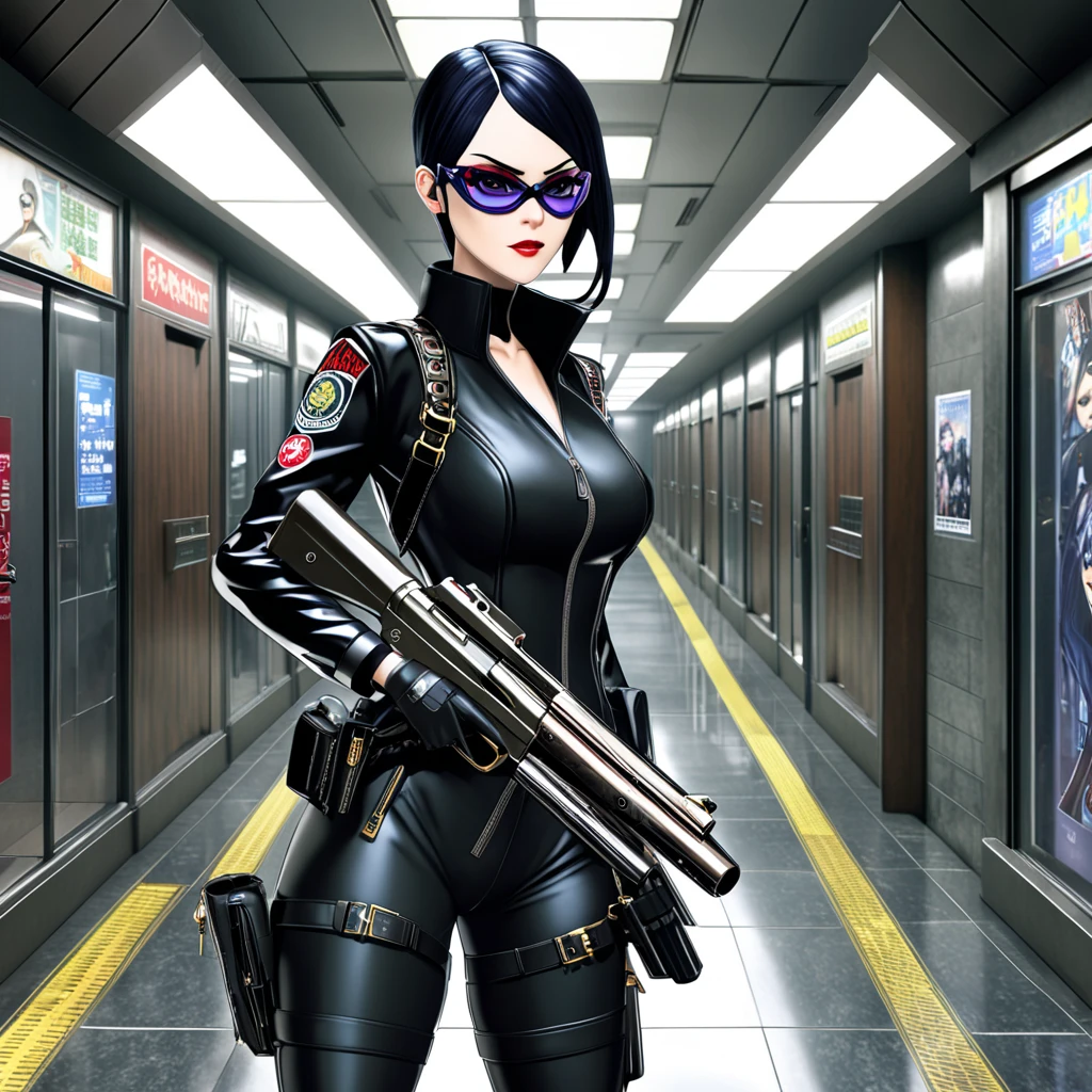 cyberpunk-style city with a nocturnal vibe with Matrix-like aesthetic references, glowing huge clock tower as time machine, green glowing cascading code. At night, (1girl, solo, alone), photorealistic, medium-breast slim:0.6 body, oval:0.5 face, cleavage:1.1, sexy black laced bra, miniskirt, white laced panty, coat, (black micro sunglasses), (holding a short gun), (slightly leaning forward running pose), ((half-body thigh level medium shot)), cinematic lighting, ray tracing, motion blurred background.