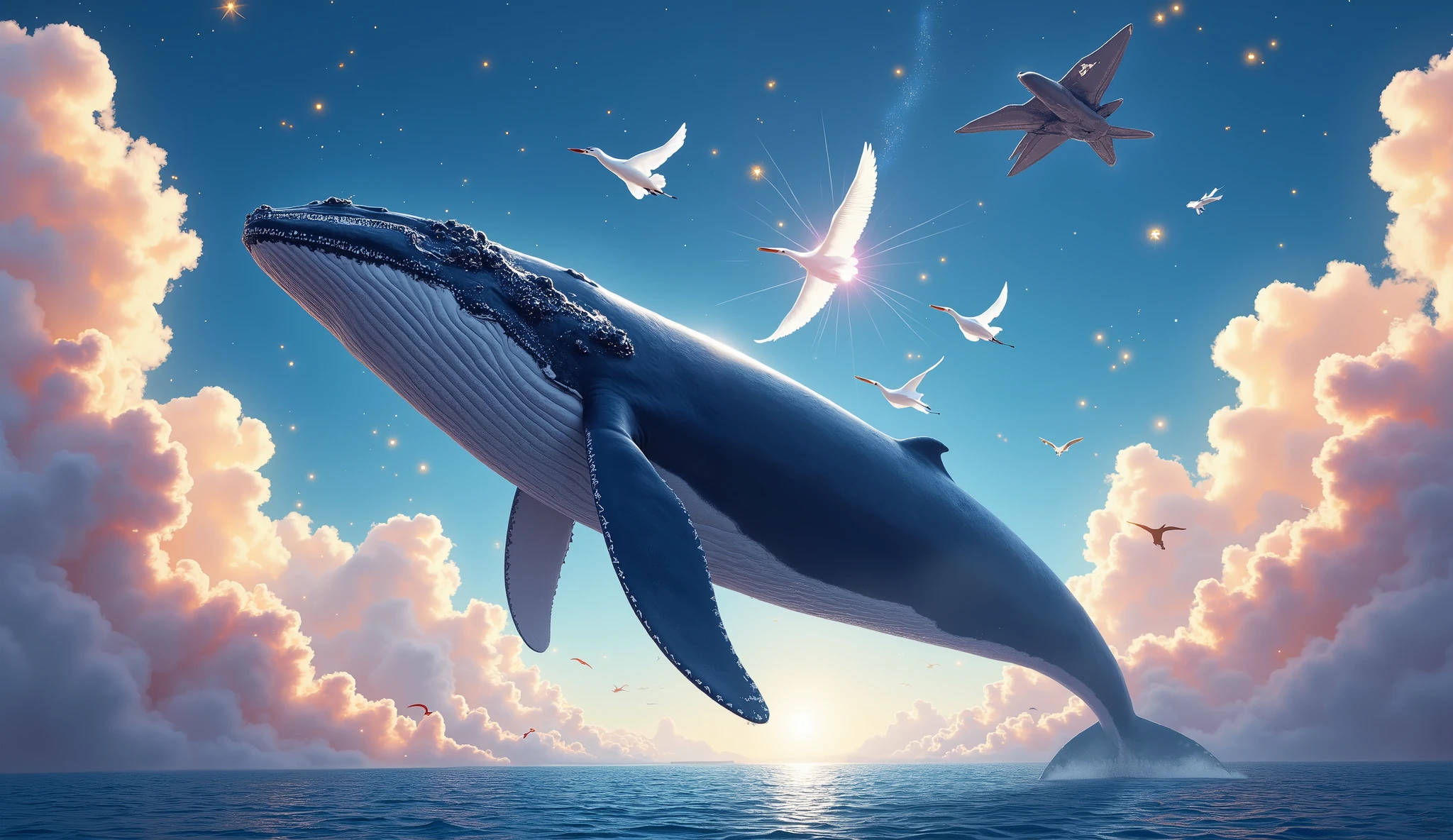 A massive humpback whale, with sparks of light leaping between large clouds and its calf following, swimming among clouds, three white herons and a fighter jet trailing them in flight, cinematic lighting, dramatic colors, beautiful detailed eyes, extremely detailed face and expression, photo-realistic, 8k, best quality, high resolution, photorealistic, masterpiece, cinematic composition, dramatic lighting, vibrant colors, dynamic motion, stunning realism
