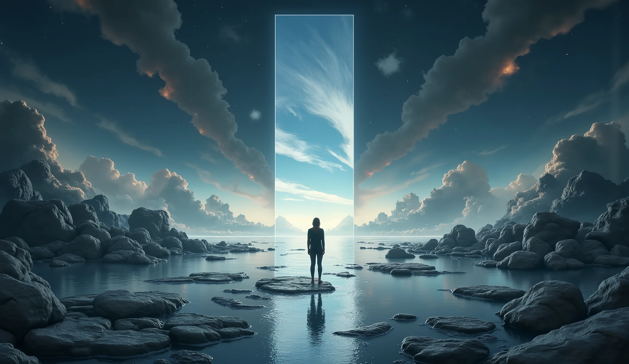 "A dramatic close-up of a person standing before a massive mirror, where instead of their reflection, they see an entire landscape—chaotic storms, peaceful oceans, or bustling cities. As they reach out to touch the mirror, the scene morphs, symbolizing the fluidity of perception and the power to change reality. The reflective surface shimmers with surreal light, amplifying the concept of shaping one’s own view. Photorealistic 8K, stunning reflections, deep cinematic contrast, 16:9 widescreen format, fishe eye optic."