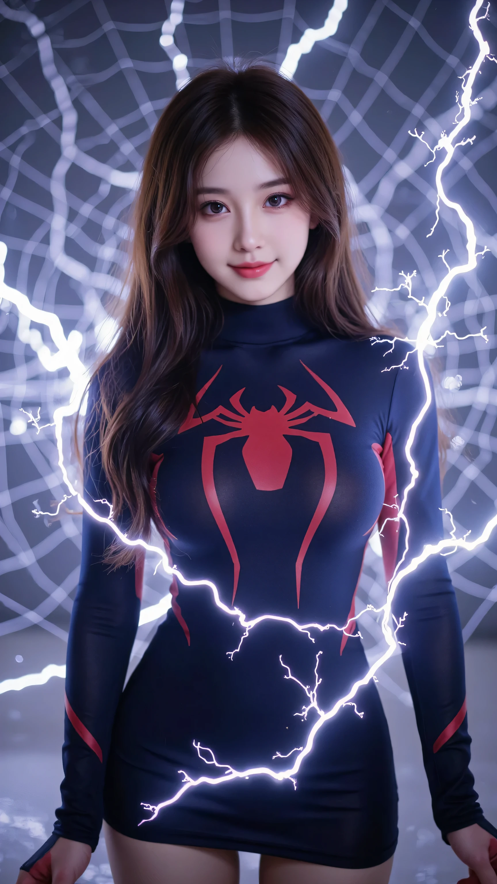 (1 woman:1.3), alone, (((Very detailed face)))), ((very detailed 눈과 얼굴)))), beautiful 디테일의 눈, body parts__, official art, Integrated 8K wallpaper, very detailed, beautiful and beautiful, beautiful, masterpiece, best quality, original, masterpiece, very nice photo, best quality, ultra high resolution, realistic realism, sunlight, full body portrait, amazing beauty, dynamic pose, delicate face, lively eyes, (from the front), she wears a spiderman suit, red and black color scheme, spider, very detailed 도시 지붕 배경, rooftop, city view, detailed face, Detailed complex busy background, crummy, very cool, milk white, very detailed 피부, realistic skin details, visible pores, clear focus, volumetric fog, 8k words, dslr, high quality, film grain, fair skin, photo realism, lomography, Futuristic dystopian megacity, transparent