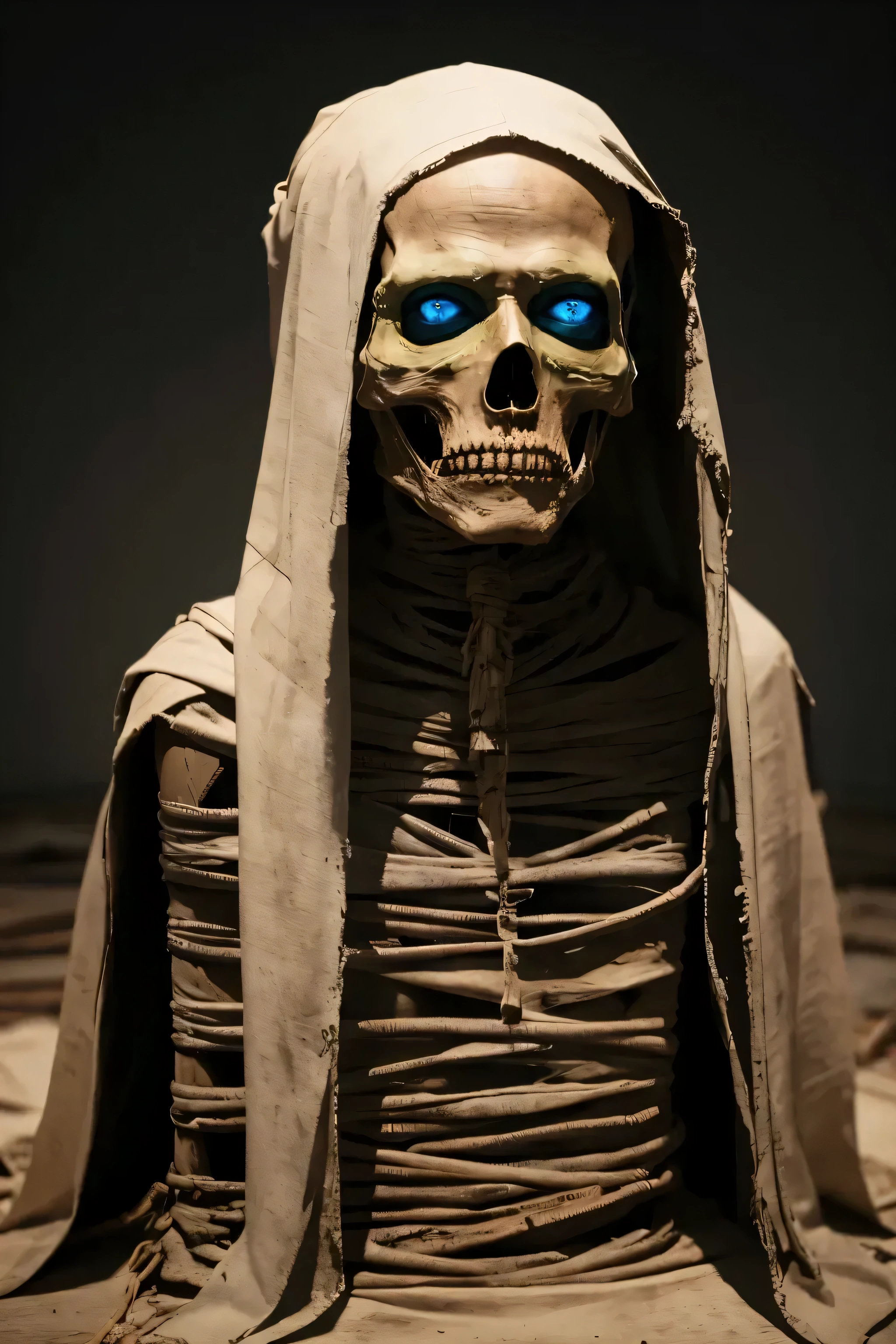 A standard statue mummy covered in dirty white bandages stands, wearing a flowing black robe. The mummy's eyes are hollow and sunken, emitting a faint eerie glow. The bandages wrap tightly around its body, revealing only the outline of its bony face and bony hands. The bandages show signs of wear and tear, with small patches of dirt and dust scattered across them. The mummy's black robe flutters, revealing glimpses of the bandages beneath. The lighting is set to a global studio setting, bathing the mummy in a soft, diffuse glow. The background is a blank, black poster. The medium used to create this artwork is a clay render 3D model, giving the mummy a realistic yet stylized appearance. The overall image quality is of the best quality, ensuring every detail is captured flawlessly. The mummy is set against a stark contrast of vivid colors, emphasizing its presence in the scene. The lighting accentuates the texture of the bandages and highlights the intricate details of the mummy's skeletal structure.