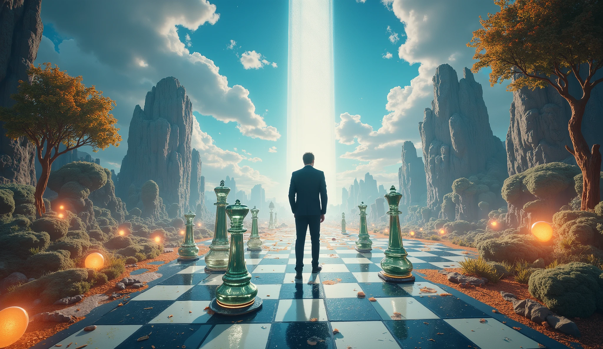 "An expansive chessboard set in a vast, surreal space, with transparent glass pieces that represent different parts of the person’s life. As they move the pieces, the entire board shifts, illustrating how the individual has shaped their reality and how easily it can be transformed. The landscape around the chessboard changes with each move, from serene natural scenes to urban complexity, representing the mental landscape. Hyper-detailed 8K, dynamic composition, masterful lighting, 16:9 widescreen format."