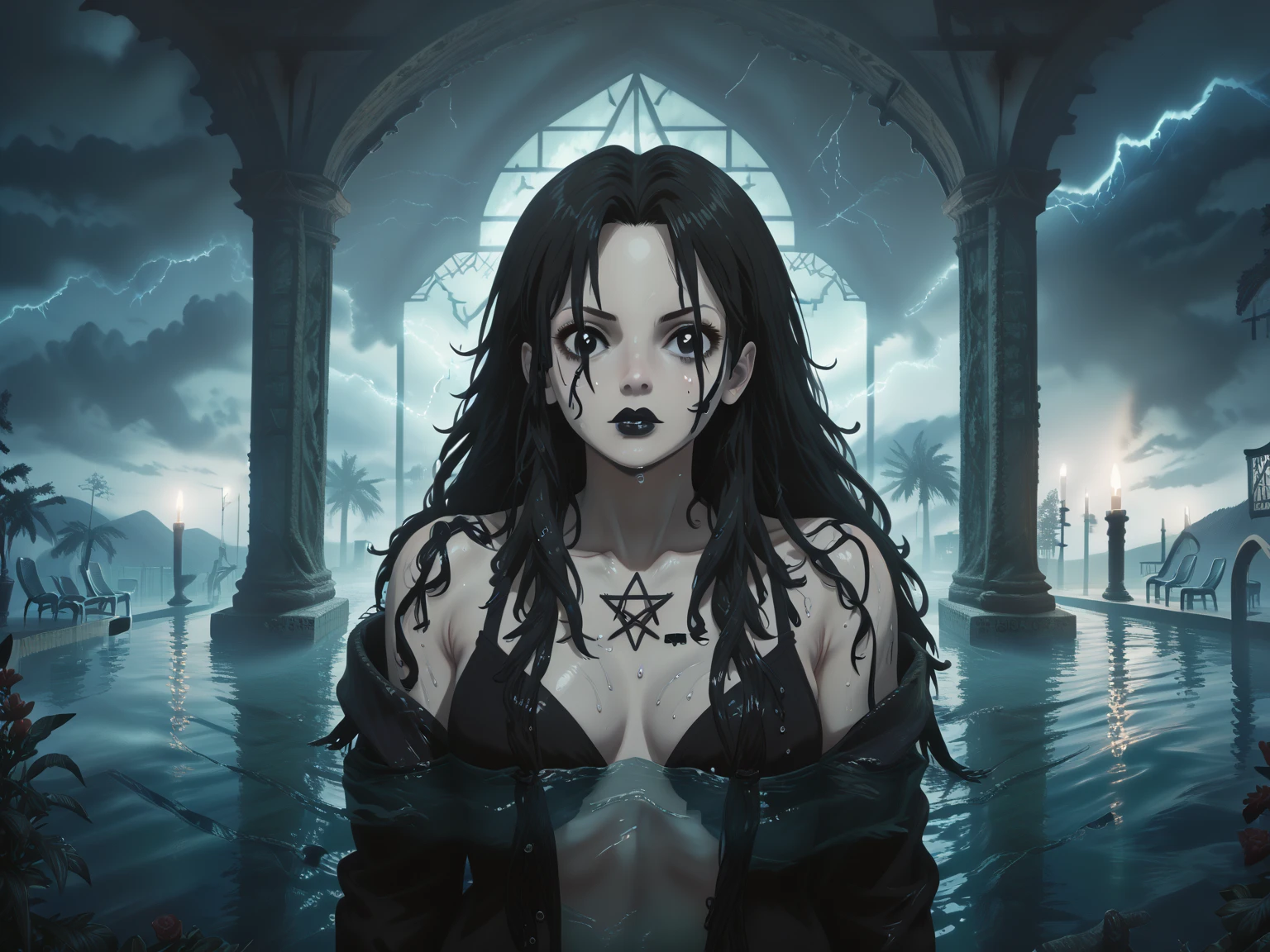 1girl, gothic, faded skin color, cheap medieval clothing, dress, blue eyes, black hair, (drenched clothing), covered in water, embarrassed, angry, (staring at viewer)