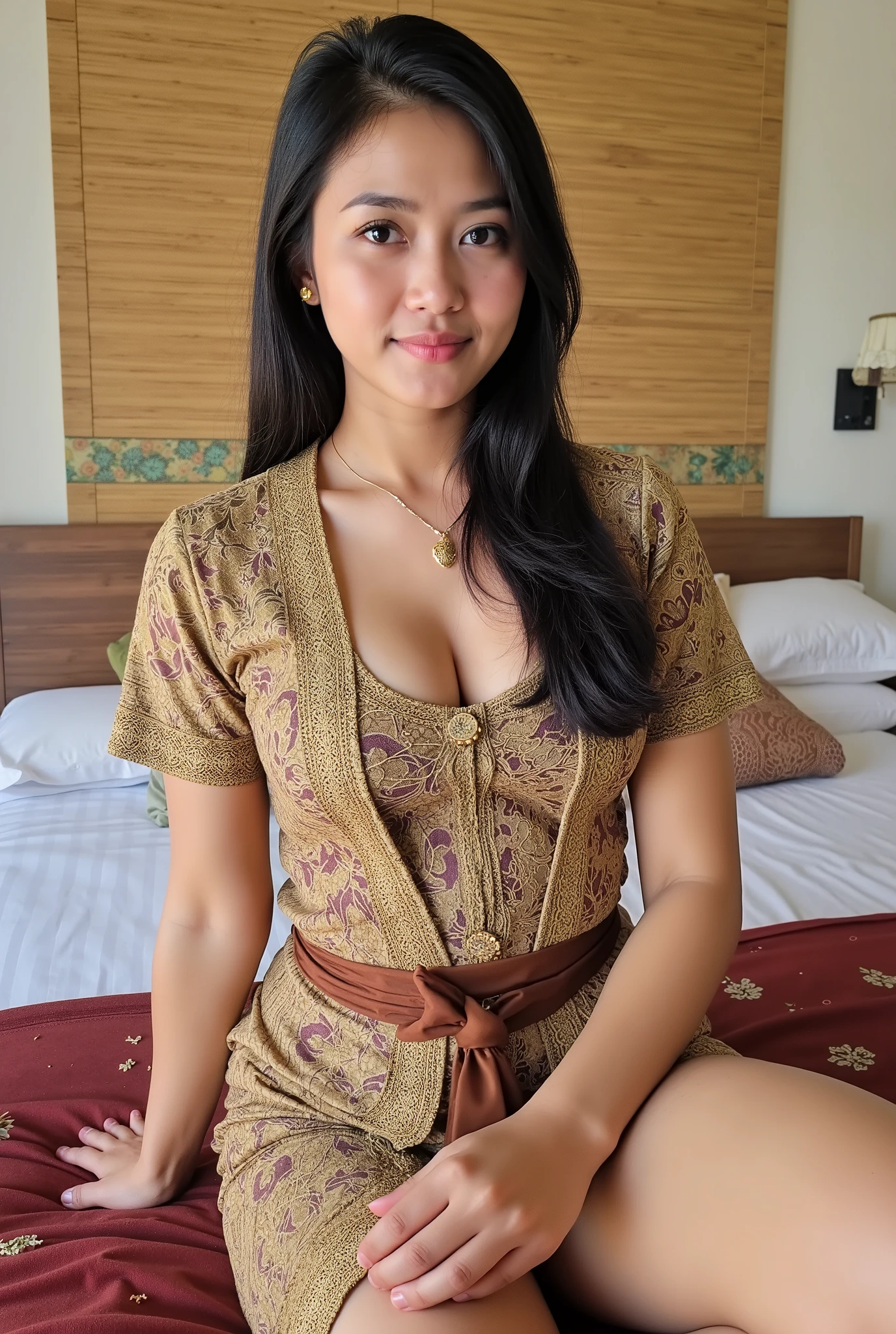 Indonesian girl feeling horny, body photo, brown skin, tanned skin, sexy kebaya tops, no skirt, only bikini, huge breast, busty body, ((Bali batik: 1.4)) (big breast : 1.8), ((naughty pose)), very long black hair, ((tight dress)), sexy body, on bed, squeezing breast
