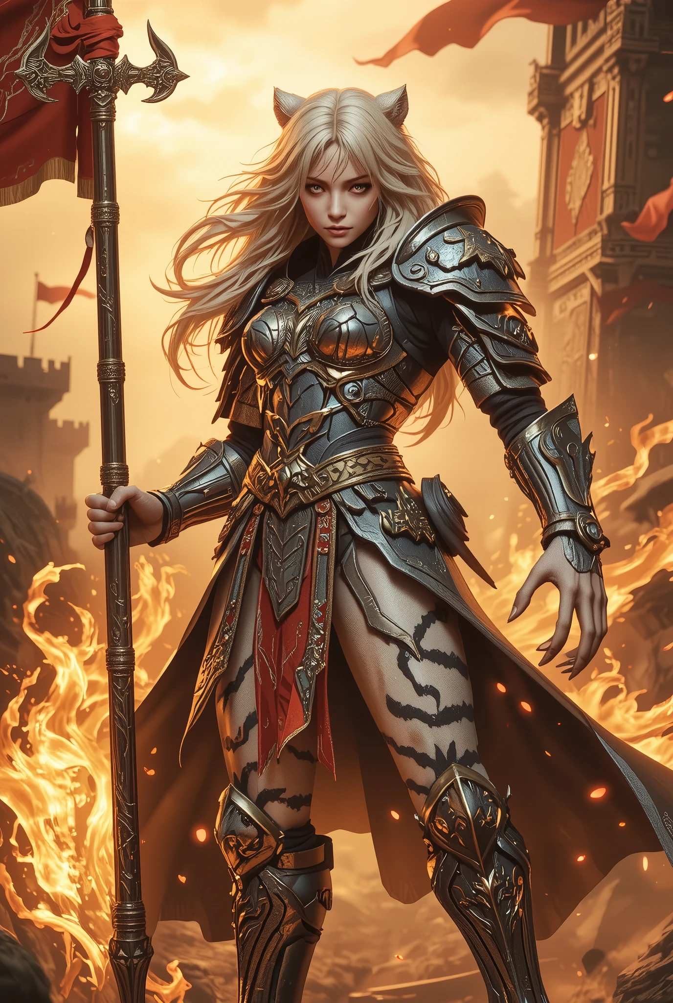 A majestic warrior infused with the essence of a white tiger, blending human and tiger features seamlessly. She stands confidently, her white fur adorned with elegant black stripes glowing softly under a golden sunset. Her armor is a mix of regal silver and gold with tiger motifs, combining strength and grace. Her eyes shine with a fierce, luminescent determination, resembling the piercing gaze of a tiger. Flowing hair merges into a tiger’s mane, and her hands feature subtle tiger claws. The battlefield backdrop showcases a grand fortress with flags billowing in the wind, and an aura of power and mysticism surrounds her. She holds a banner in one hand and wields a glowing, enchanted weapon in the other, exuding leadership and ferocity.