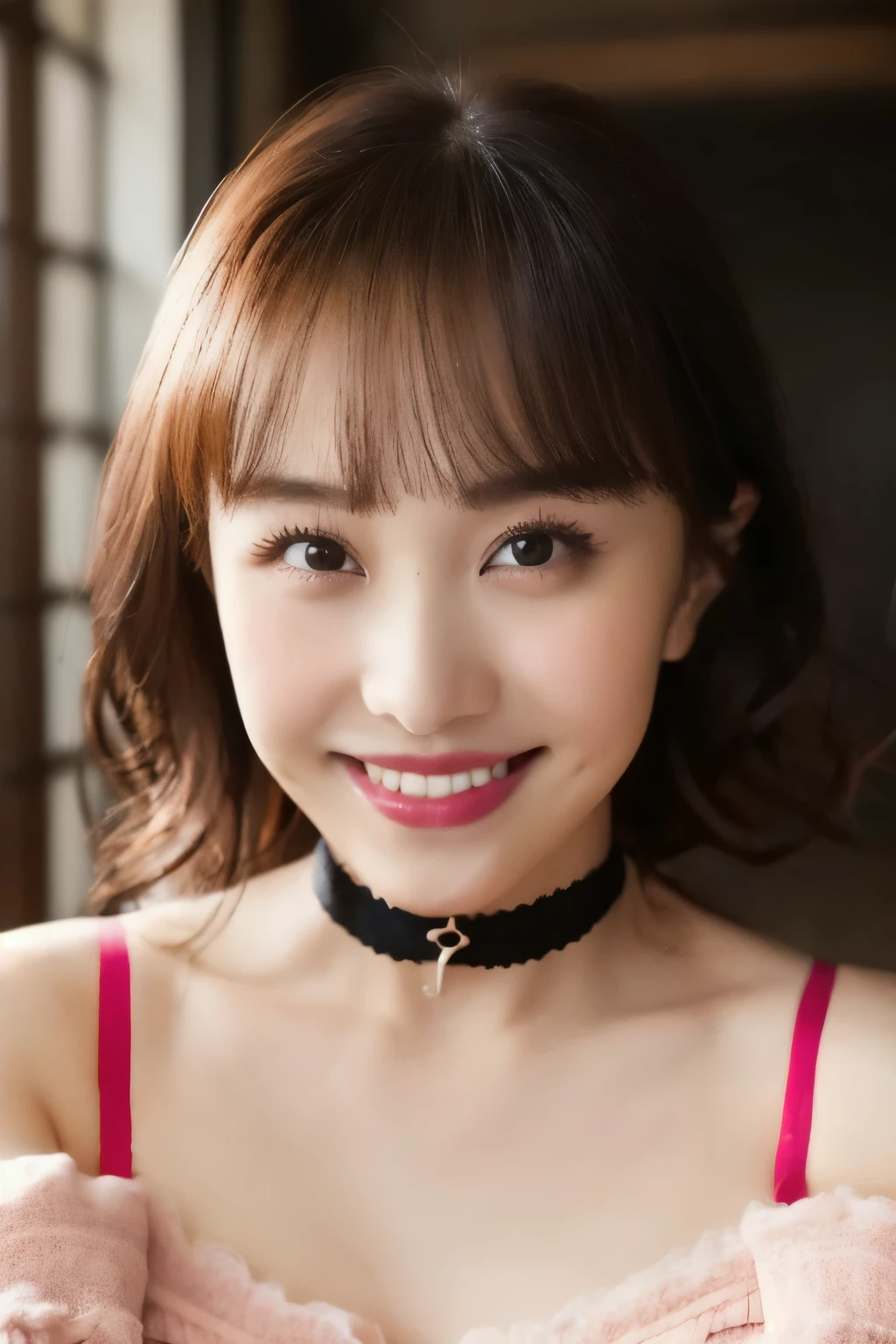 (( pink underwear)), (( Japanese girl))、Light up your face、(masterpiece, top quality, The beautiful quality of , photorealistic , detailed lighting , Extremely detailed skin, Extremely Detailed Hair ,8k, black hair, upper body, One Girl , smile, Watch Viewers , Dimples, Dimpless on cheeks, fc portrait:1.2), bangs、 Red Choker 、 off shoulder、Accurate Eyes、 in ultra high quality、