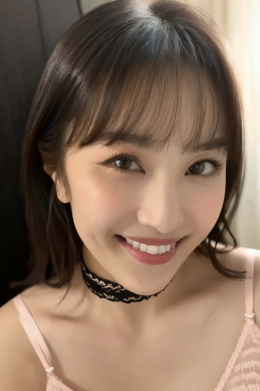 (( pink underwear)), (( Japanese girl))、Light up your face、(masterpiece, top quality, The beautiful quality of , photorealistic , detailed lighting , Extremely detailed skin, Extremely Detailed Hair ,8k, black hair, upper body, One Girl , smile, Watch Viewers , Dimples, Dimpless on cheeks, fc portrait:1.2), bangs、 Red Choker 、 off shoulder、Accurate Eyes、 in ultra high quality、