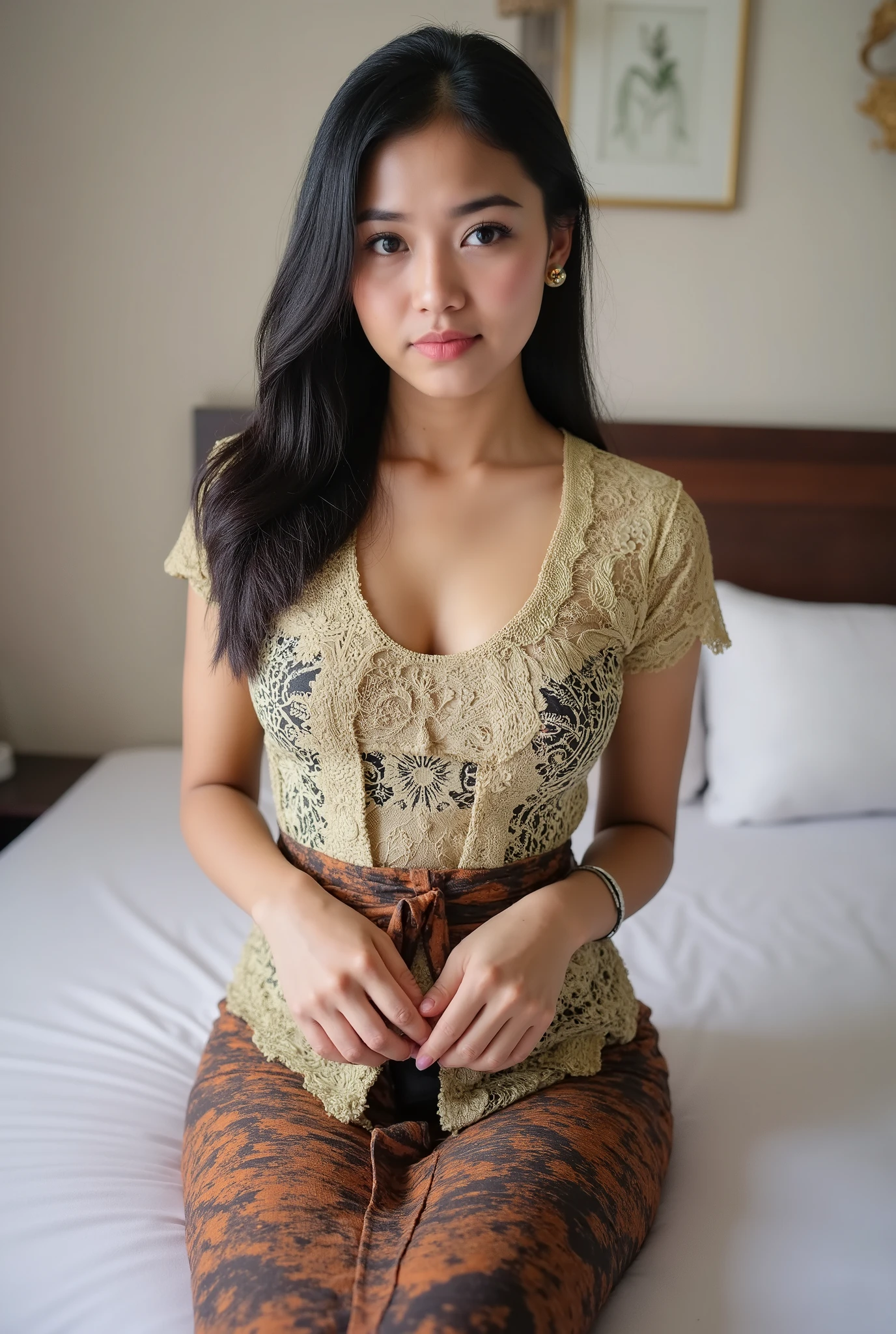 Indonesian girl feeling horny, body photo, brown skin, tanned skin, sexy kebaya tops, no skirt, only bikini, huge breast, busty body, ((Bali batik: 1.4)) (big breast : 1.8), ((naughty pose)), very long black hair, ((tight dress)), sexy body, on bed, squeezing breast