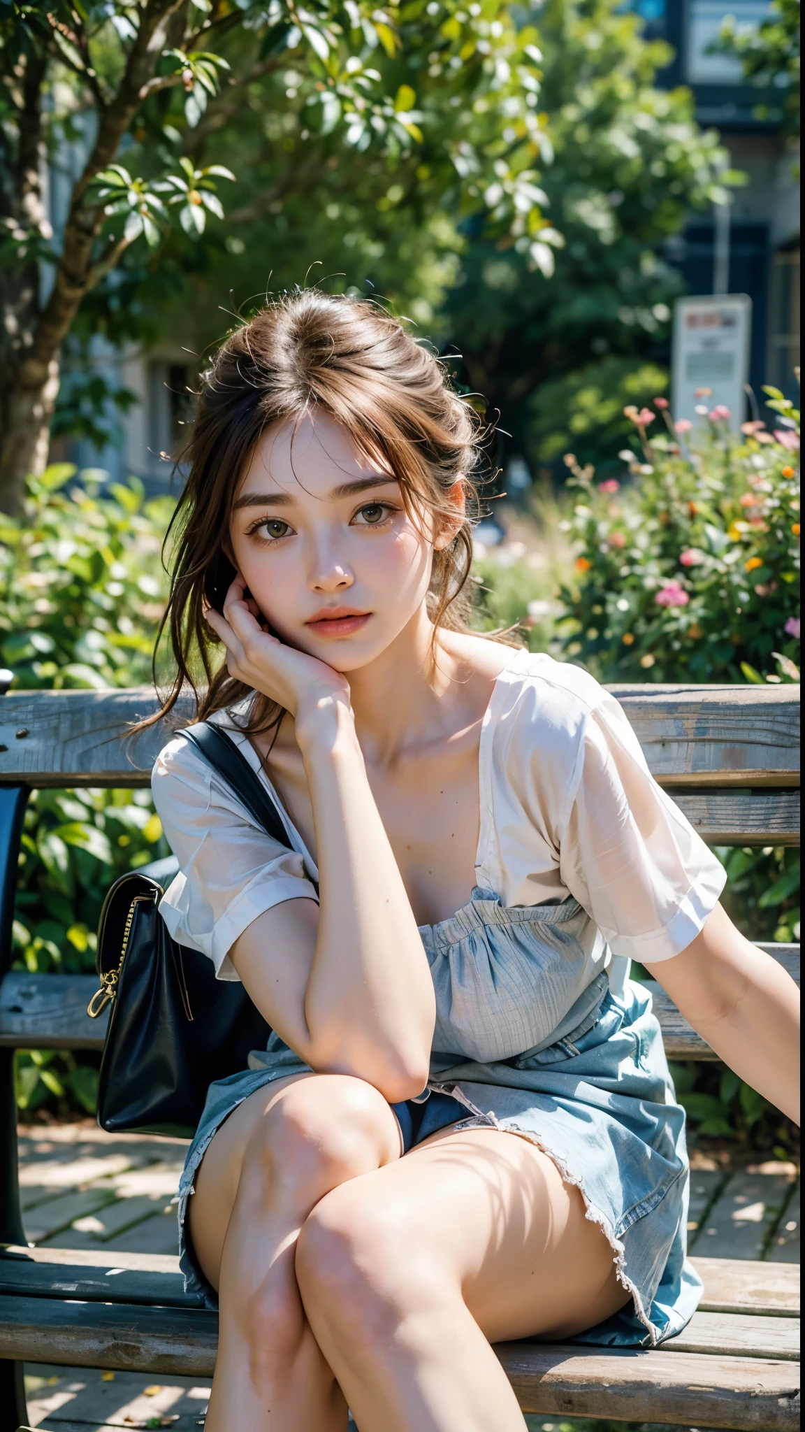 little girl, about 7 years old, kneel ask forgiveness. Shaggy hair
Wearing light purple off shoulder sweater and latex shorts
Eyes focus but begging, detailed finger
On a boat in beautiful lake full of flower