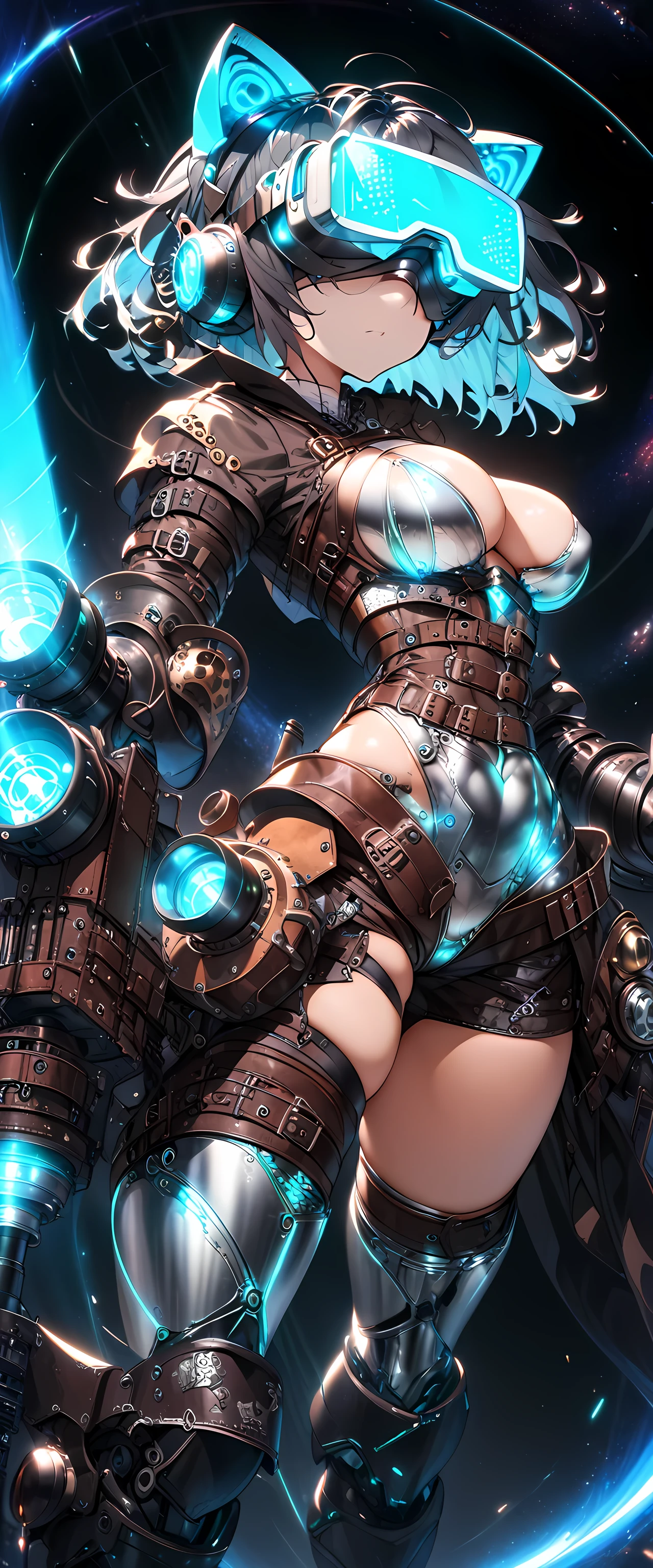 (masterpiece), best quality,expressive eyes,perfect face,solo,1girl,steampunk,robot,robot girl,cybernatic body,metallic body,wires,glowing eyes,VR mask,(covered eyes),big breasts,arm cannon,arm mounted weapon,robot joints,glowing hair,short hair,bobcut,(glowing cat headphones,light blue glow:1.1),standing,flying,multicolored hair,black hair,teal hair,dynamic pose,action pose,dynamic angle,space,interstellar,gauntlets,(armored body,silver body,gray body),glowing visor,looking at the viewer,full body,from below