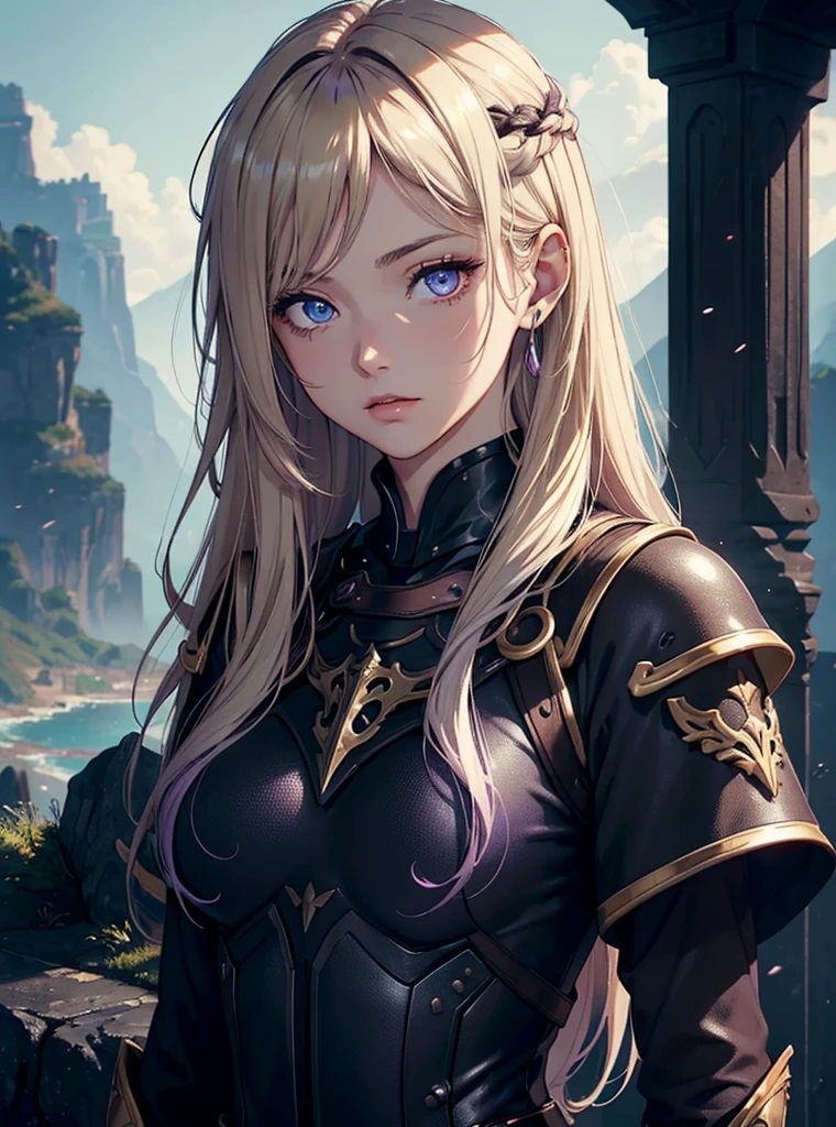(best quality,16k, highres, masterpiece:1.2), ultra-detailed wallpaper, beautiful European girl, lonely girl, model face, exquisite facial features, clear facial expressions, freckles and subtle blush on her cheeks, piercing and enchanting blue eyes, rosy cheeks and luscious lips, enchanting smile, flowing golden locks, gradient hair, confident posture, captivating and regal presence, strong and confident stance, imposing presence, confident and regal pose, intricately constructed armor and detailed complexity, adorned with embossed patterns and fine craftsmanship, delicate etching and filigree, flowing cape, background of a breathtaking landscape, a perfect blend of medieval and fantasy elements, lush greenery, fountain, beautiful flowers, colorful butterflies, rolling hills, majestic mountains in the distance, castle in the distance, regal background, splendid lighting effects, dramatic lighting, HDR, UHD, physically-based rendering, extreme detail description, professional, vivid colors, elegant, vibrant, crisp and vivid colors, impeccable attention to detail, Ultra-detailed CG,detailed anime digital art,anime digital art,high-quality anime art style, award winning,