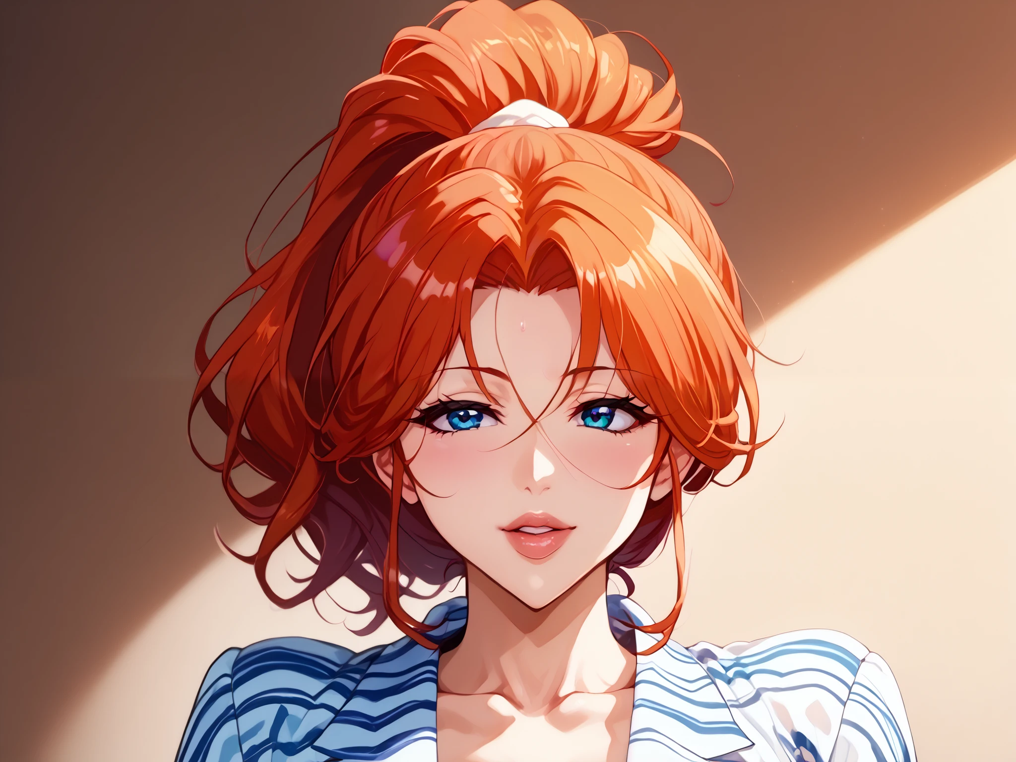 mature woman、face(beautiful)、lips(Luscious ants)eye(Cut long)、eyeの色(Purple) ponytail( redhead)、( stick out your forehead )、Clean and beautiful、 style( slender)、笑face、 gravure idol style pose、eyeは開ける、Hip(Small) redhead、 yukata details (Navy Blue、Floral、)、summer、summer祭り、night、 Mysterious Atmosphere 、place( cotton candy、)hand(綿あめをhandに持つ)、all body.