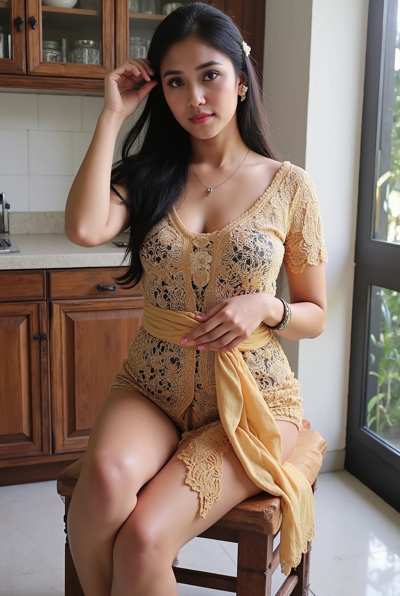 Indonesian girl feeling horny, kitchen, sitting on wooden chair, open legs, shows pussy, wet vagina, hairy vagina, body photo, brown skin, tanned skin, sexy kebaya tops, no skirt, only bikini, huge breast, busty body, ((Bali batik: 1.4)) (big breast : 1.8), ((naughty pose)), very long black hair, ((tight dress)), sexy body, squeezing breast