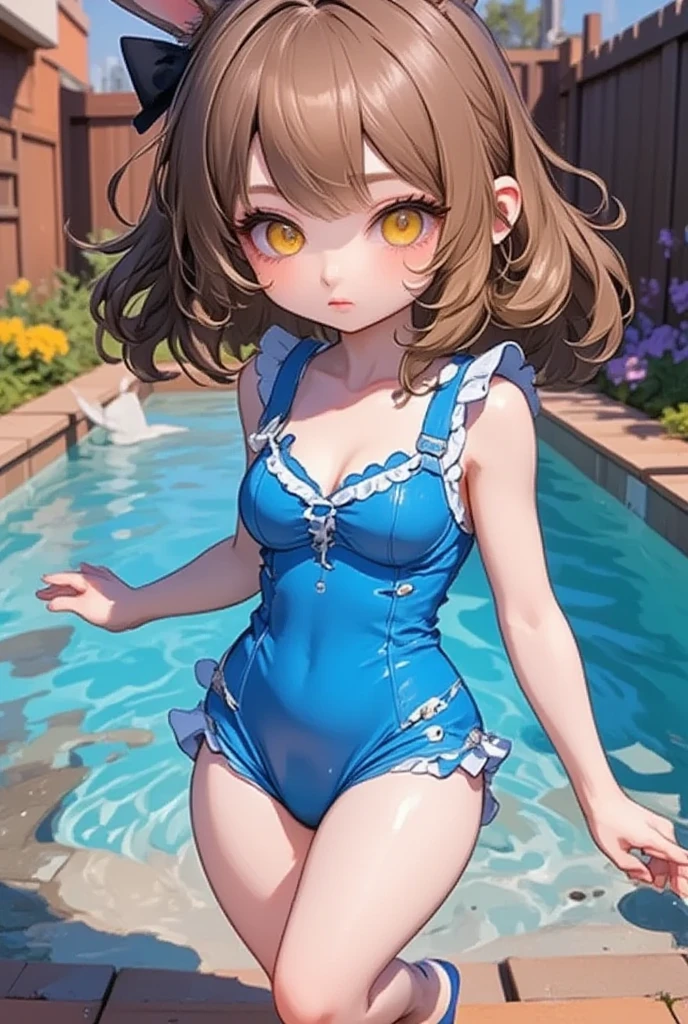 Blonde hair, short mash hair, turquoise eyes,A girl with impressive blonde hair、hair ornaments、short bob、hot pants、smile、dynamic pose, Pink bondage suit, mocking smile