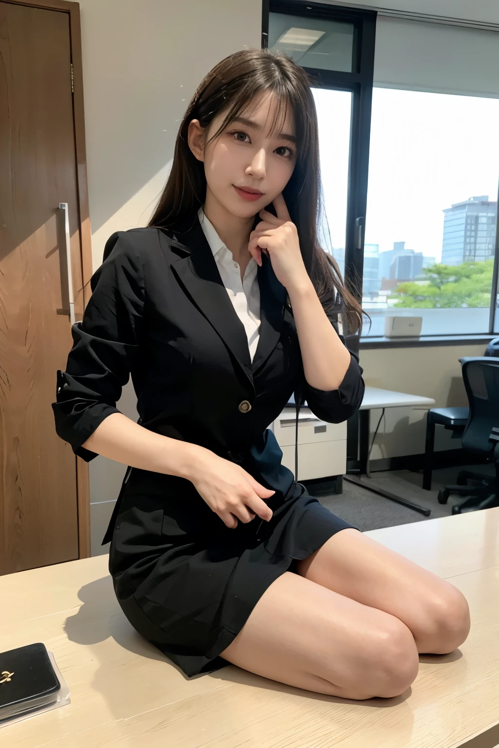 one Japanese woman 、Age 27、Black tight suit、white collared button shirt、 black knee length suit skirt、 high heels、 office district opening my mouth、 shows the whole body