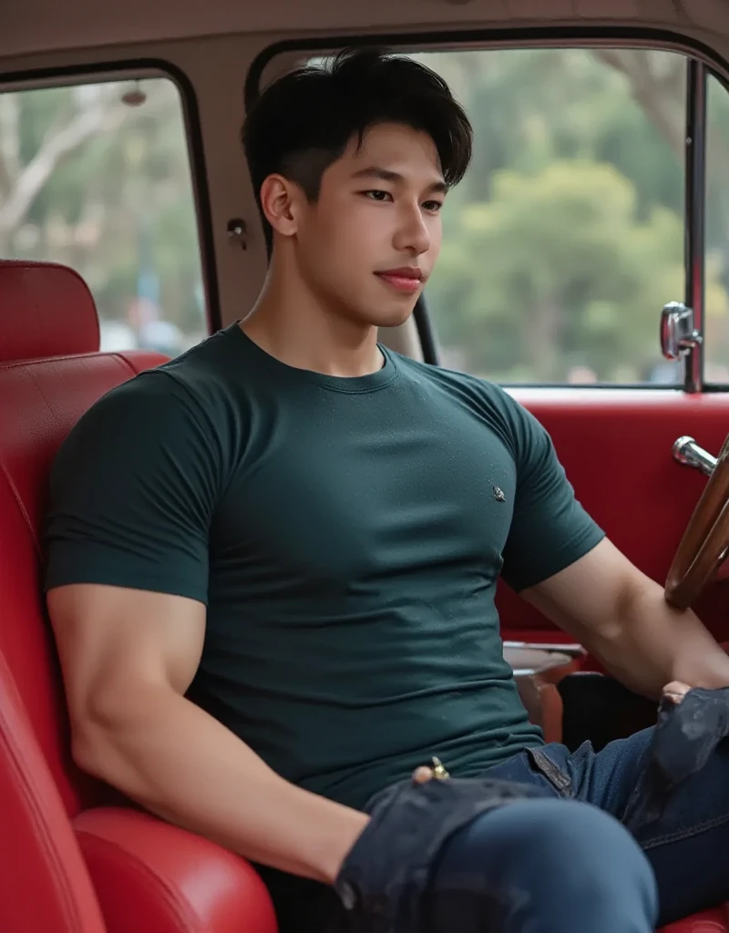 There is a man sitting in the seat of a car with no shirt, no pants, muscular in bulging boxers. 
