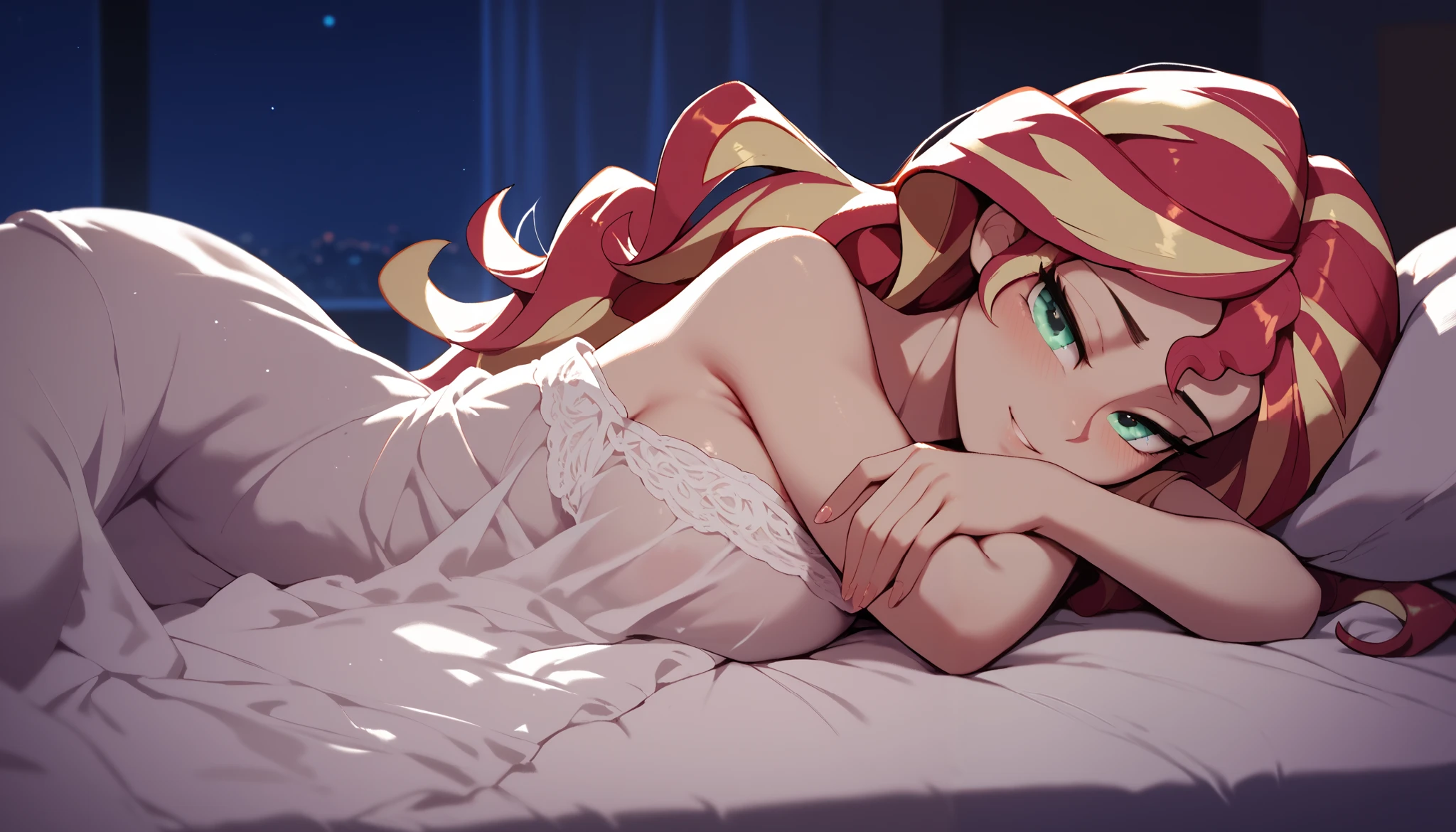 sunset shimmer, wavy hair, night, dark room, laying on a bed, covering herself with a sheer white silk sheet, bedroom eyes,
