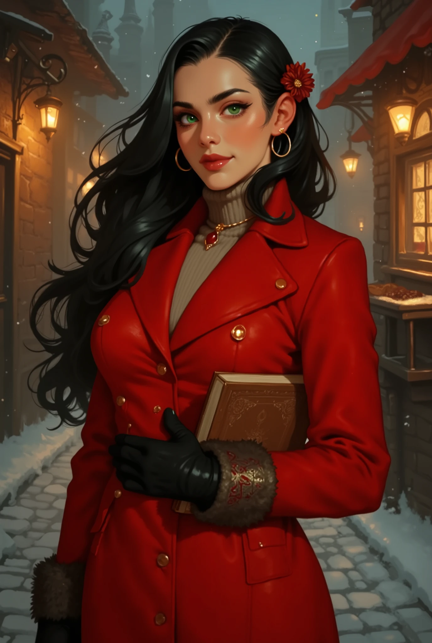 A illustration in the rimixa style, Masterpiece, best quality, absurdres, vibrant, highly detailed, very aesthetic. Visualize a striking, elegant woman in her late 30s with timeless beauty and a poised demeanor, embodying classic Russian allure. Her high cheekbones, pale porcelain skin, and deep, almond-shaped emerald-green eyes exude quiet confidence. Her long silky black hair flows freely, adorned with a delicate flower hair ornament and wears refined hoop earrings. She wears a tailored crimson wool coat clinging to her large motherly breasts with intricate embroidery at the cuffs, paired with a fur-lined collar, evoking wintry sophistication. The backdrop is a snow-dusted St. Petersburg street at twilight, golden lantern light reflecting off cobblestones. Her expression carries a warm yet enigmatic smile, subtle laugh lines hinting at a life rich with stories, while her posture radiates grace. Soft, diffused lighting highlights her regal features, with a hint of frost clinging to her scarf. Add subtle details: a vintage book tucked under her arm, a garnet pendant at her neck, and the faint glow of a samovar in a nearby café window. Style: Romantic realism with oil-painting textures, blending cultural heritage and quiet strength.