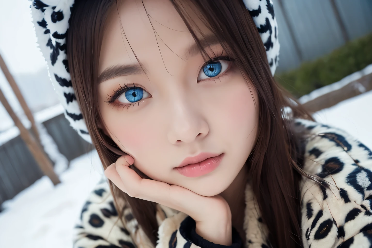 arafed woman with a scarf and gloves on posing for a picture, ulzzang, kawaii realistic portrait, soft makeup, pastel blue eyes, sakimichan, fluffy bangs, 🤤 girl portrait, cute natural anime face, soft round face, girl cute-fine-face, icy eyes, lalisa manobal, popular south korean makeup, very pretty face