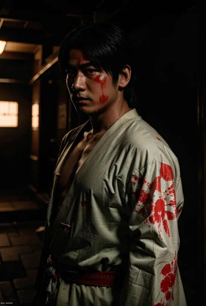 anime character kibutsuji muzan, glowing, there are flashes of blood around him,