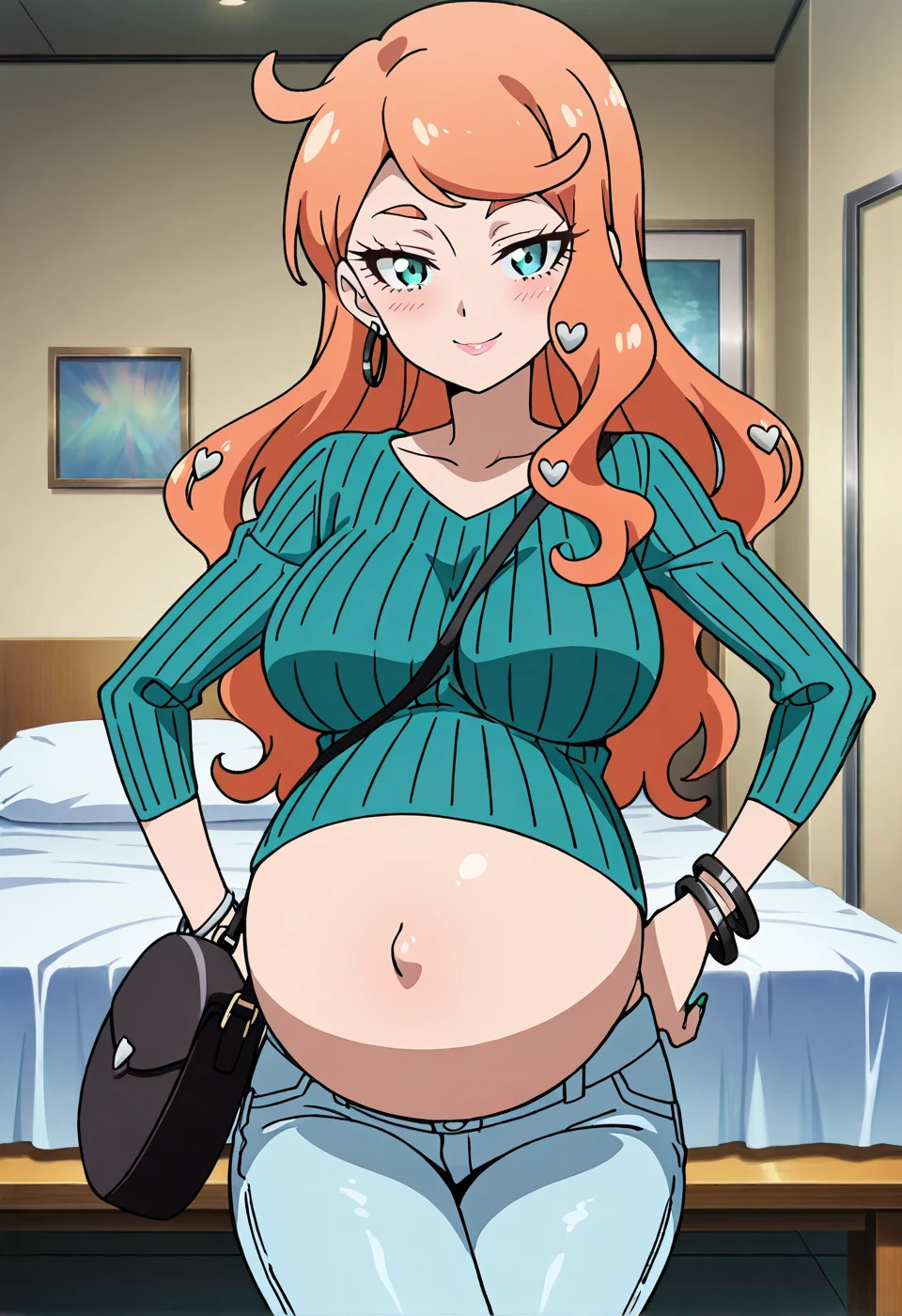 score_9, score_8_up, source_anime Bibl3, milf, eppknursejoy, pink hair, long hair, hair rings, bumper bangs, huge breasts, wide hips, viewed from front, standing in living room, vacant smile, staring at viewer, pregnant, open mouth, looking at viewer, empty eyes, multicolor tank top, exposed pregnant belly, denim shorts, full lips, vivid lips, detailed eyes, detailed face, pretty woman, morning