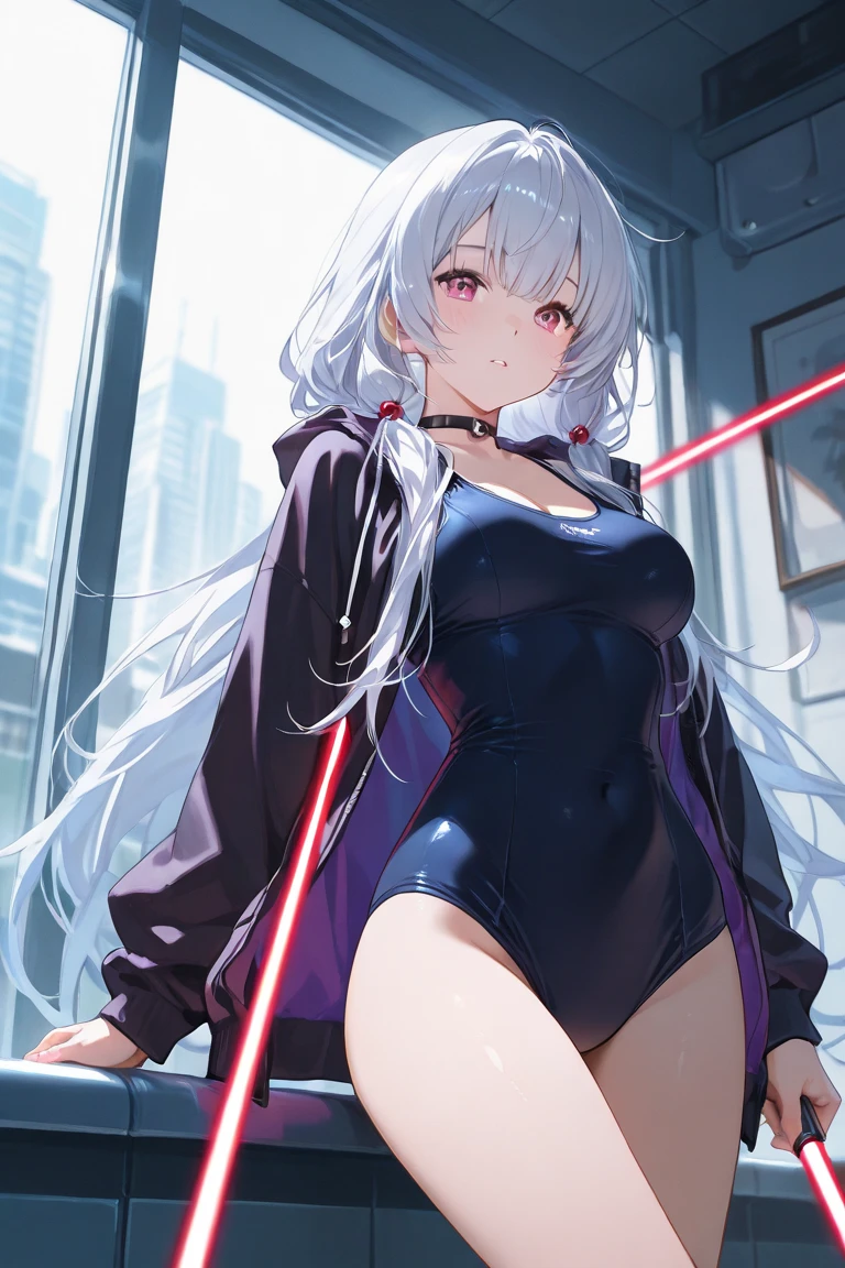 NSFW、long grey hair, pink eyes, Sweating, Tsundere, He was cold, Medium breasts, kiss with boy, white thighhighs, armpit, red jacket