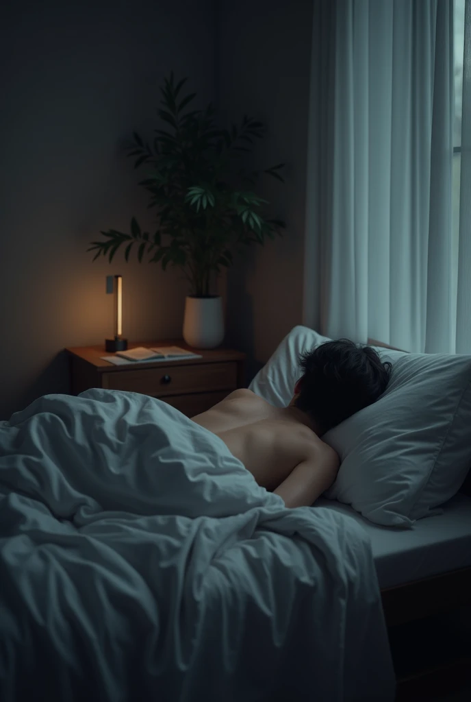 In the image, green and red neon lights illuminate the body of a boy lying on a bed with no underwear or covering. His prominent and attractive buttocks are centered in the picture. Just above his buttocks, exactly on the two dimples of his lower back, the tattooed text "TaeHaVincent" is visible.