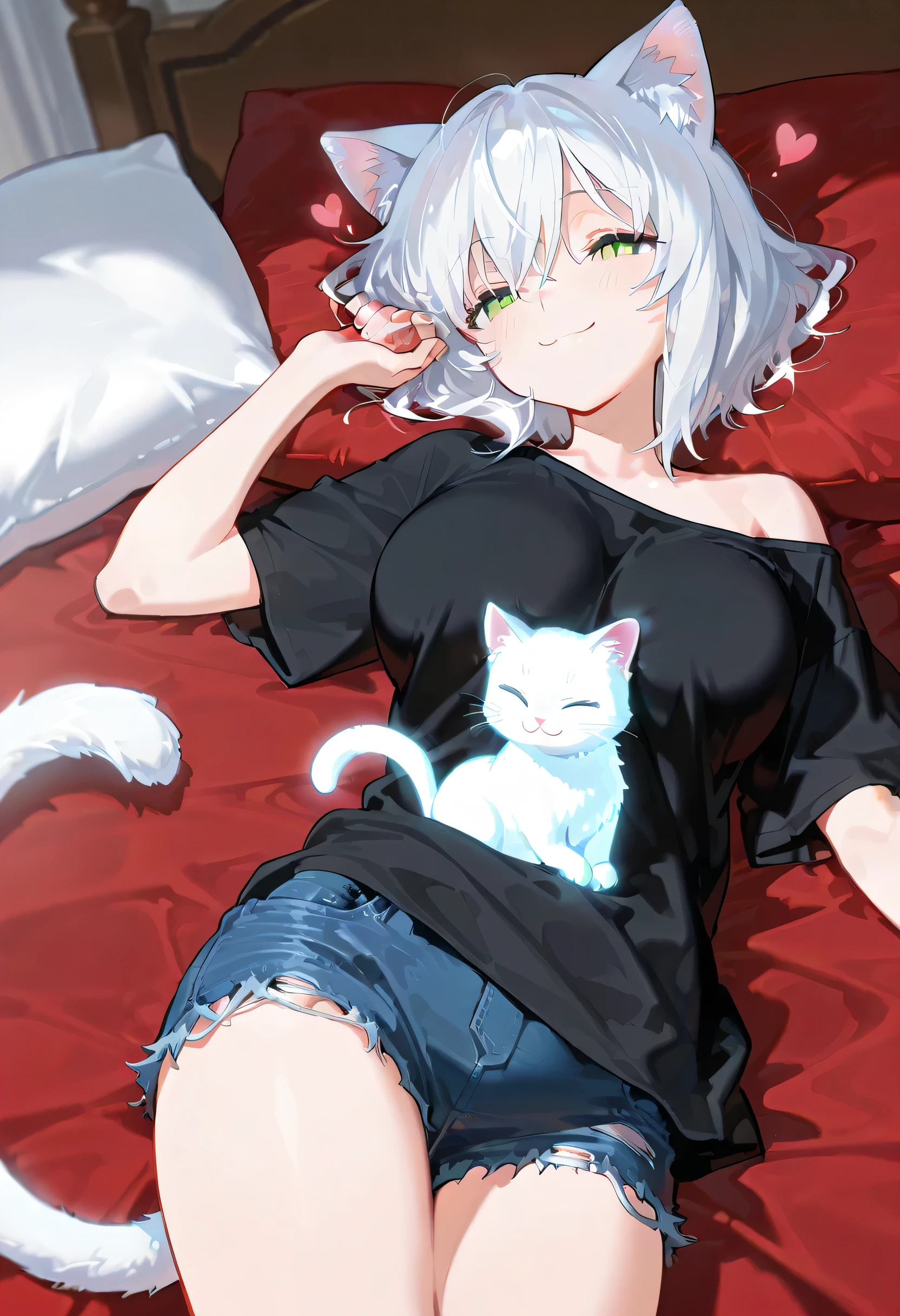 score_9, score_8_consolation, score_7_consolation, sauce_ animation , top grade, masterpiece, Official Art, Ultra High Definition ,Photoshop ,very high resolution , very aesthetic , 8k, 16k, Sleepy , Beautiful illustrations, 超 high resolution , sophisticated details aimed at , high quality, high resolution , 最 high quality, (masterpiece) high resolution , ultra detailed , Skip highly detailed , Official Art, Photoshop , (Blurred :1.2), ( clear line drawing :1.2), very aesthetic , 8k, 16k, Sleepy , Beautiful Artist Illustration, Japanese animation while driving , perfect anatomy , Good hand, alone, Woman 1, Short bob, white hair , ( green eyes, glowing cat eyes ), white cat ears , ( Voluptuous H Cup Breasts), white cat tail , black t-shirt , blue denim shorts , expression, ( affectionate beak , eyes colored with hearts , smile), by, ( lying in bed , shining cat eyes {x} tilting the head sideways, making hearts by hand), background, modern fantasy era , (bedroom, Red bed )