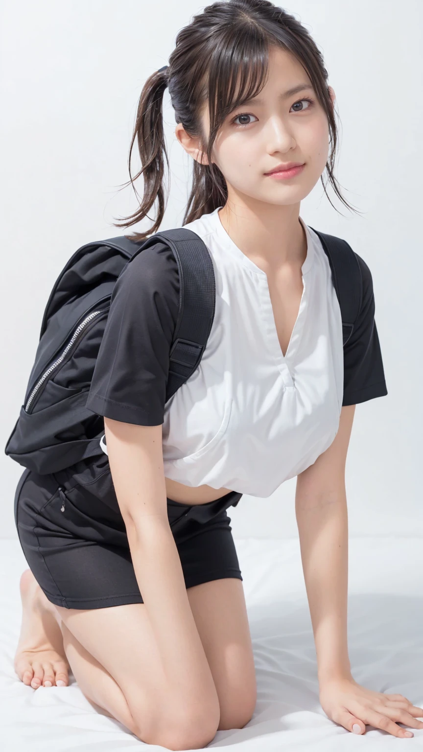muste piece, best quality, illustration, Super detailed, fine details, High resolution, 8K,wall paper, perfect dynamic composition,(Details High quality, realistic depiction of eyes:1.3), oversized sport shirt, shorts women, small backpack, short bob hair, black hair color, Big Natural Color Lip, sexy pose, crying a little、cold gaze, Harajuku style、20 year old girl、cute type、lolita, hposing Gravure Idol, full body photo、focus on crotch, huge breasts