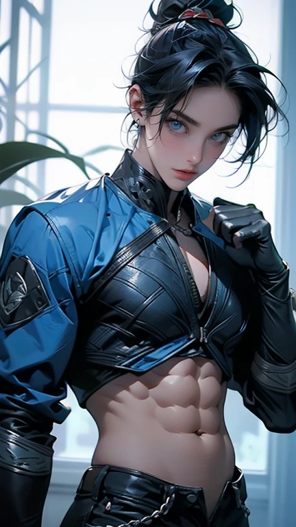 "Enjoy a visual feast as you witness the stunning transformation of the handsome 20 year old Saitama, a being with unrivaled power and a charming aura. With bright blue hair and piercing red eyes, This energetic person will surprise you." with a light reflection effect that looks like glass.