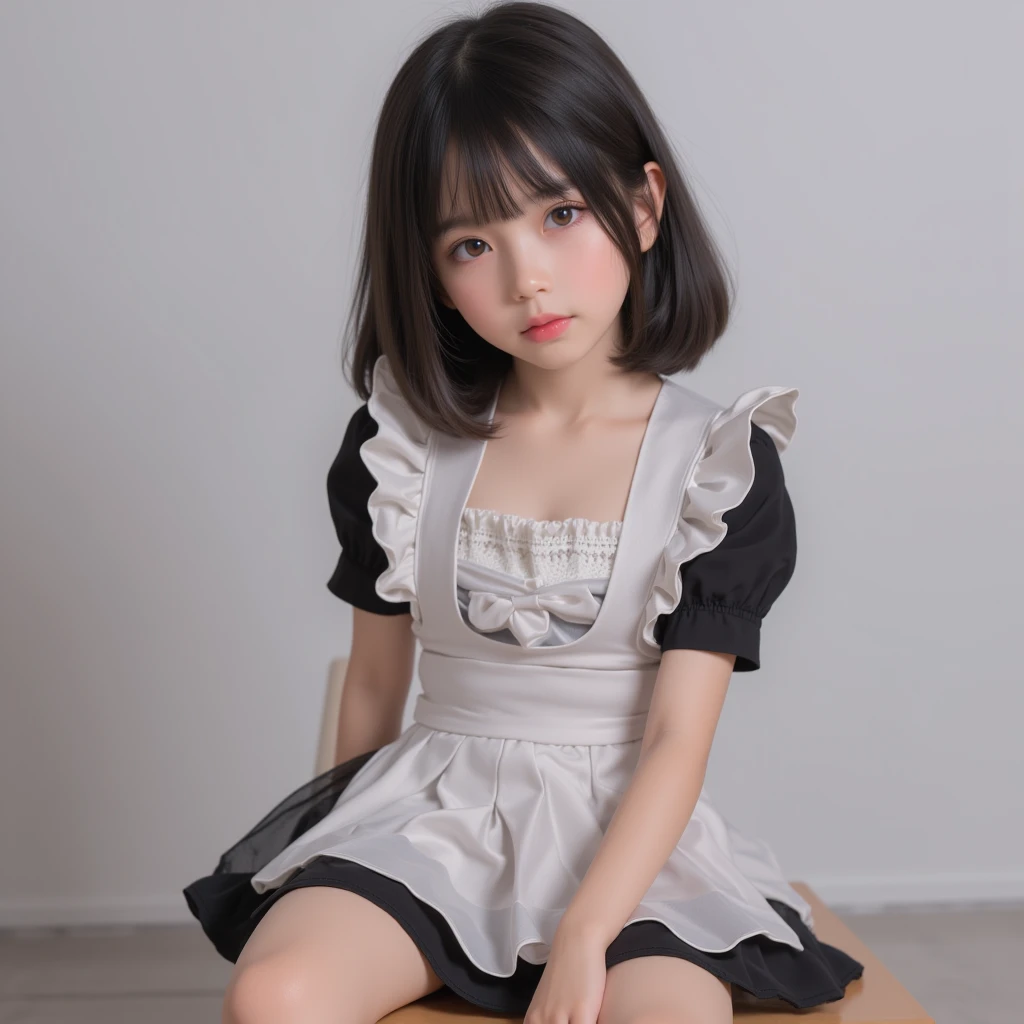 最佳质量,nmasterpiece,UltraHighResolution,(fidelity:1.4),Original photo,Luxurious interior,Dress conservatively,Child maid outfit,maid headdress,aprons,petite ,sweat leggs,1 yogirl,(for 6 years tic lighting,Watery eyes