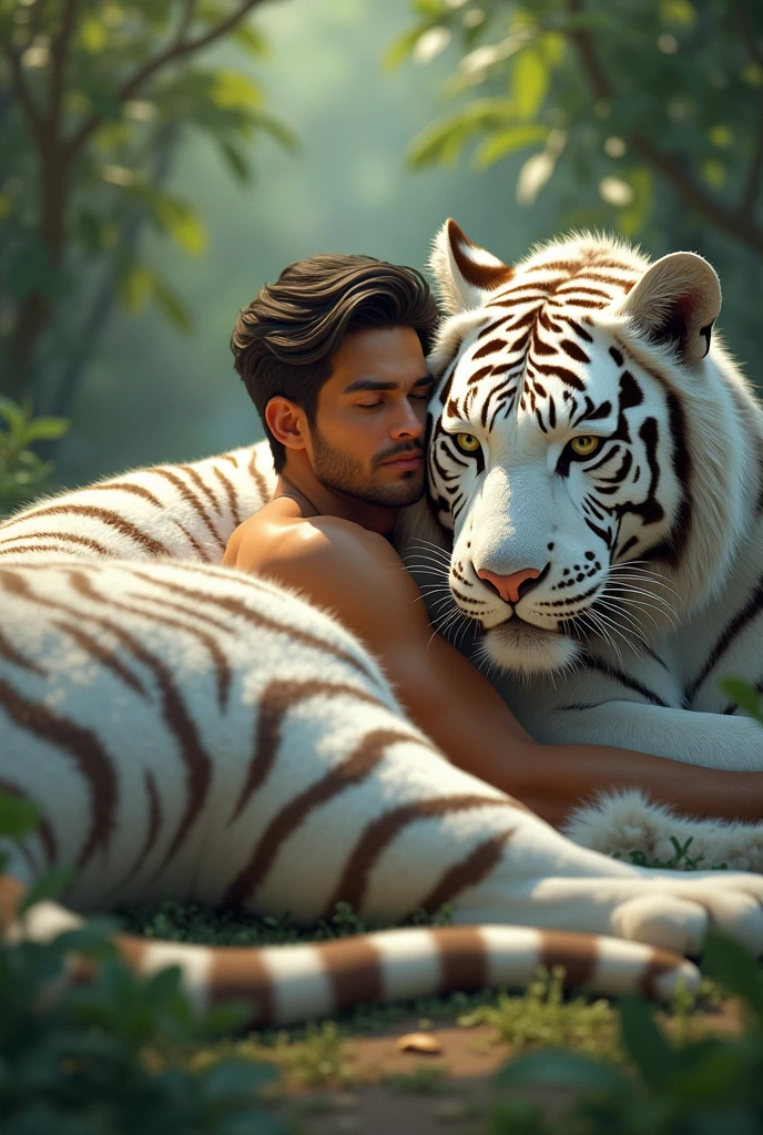 Male beautiful ranger light stubble bare chest long dark red hair resting in high grass with young white tiger harvest moon art deco style