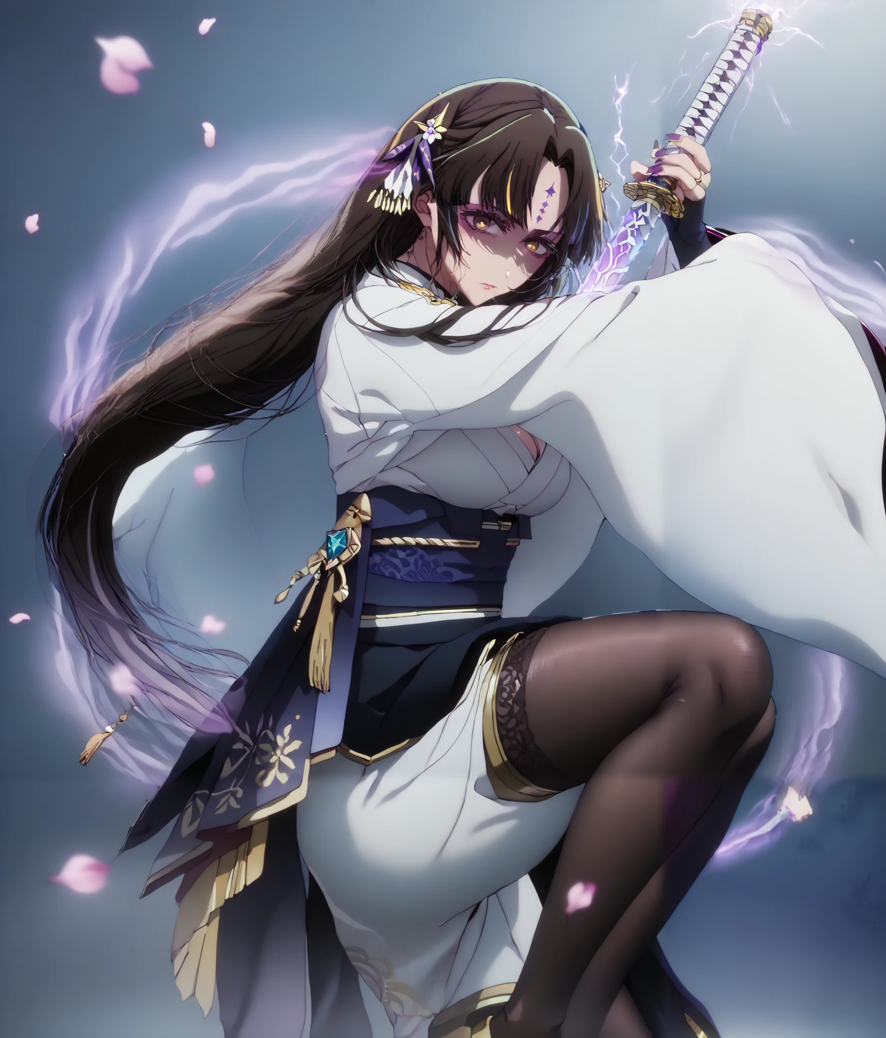 score_9, score_8_up, score_7_up, score_6_up, uncensored, michiko tanaka, long hair, black hair, yellow eyes, facial mark, forehead mark, bright pupils, anime coloring, anime screencap, (voluptuous:1.3), (thick:1.3), BREAK UHD, retina, masterpiece, accurate, anatomically correct, textured skin, super detail, high details, high quality, award winning, best quality, highres, 4K, excessive sweating, sweating, sweating drop, (gasping, heavy breathing:1.3), (skindentation:1.2), perfect eyes, beautiful eyes, eyelashes, makeup, detailed body, perfect body, BREAK, 1girl, solo, japanese_clothes, sword, weapon, breasts, holding_sword, kimono, holding_weapon, thighhighs, obiage, musou_isshin_(genshin_impact), purple_flower, looking_at_viewer, obi, holding, sash, flower, tomoe_(symbol), obijime, mitsudomoe_(shape), electricity, cleavage, wide_sleeves, bridal_gauntlets, tassel, closed_mouth, long_sleeves, egasumi, petals, katana, ribbon, falling_petals, purple_nails, drawing_sword, vision_(genshin_impact), purple_thighhighs, shaded face, (aura:1.4), simple background, zettai ryouiki, stocking, one leg up, fog