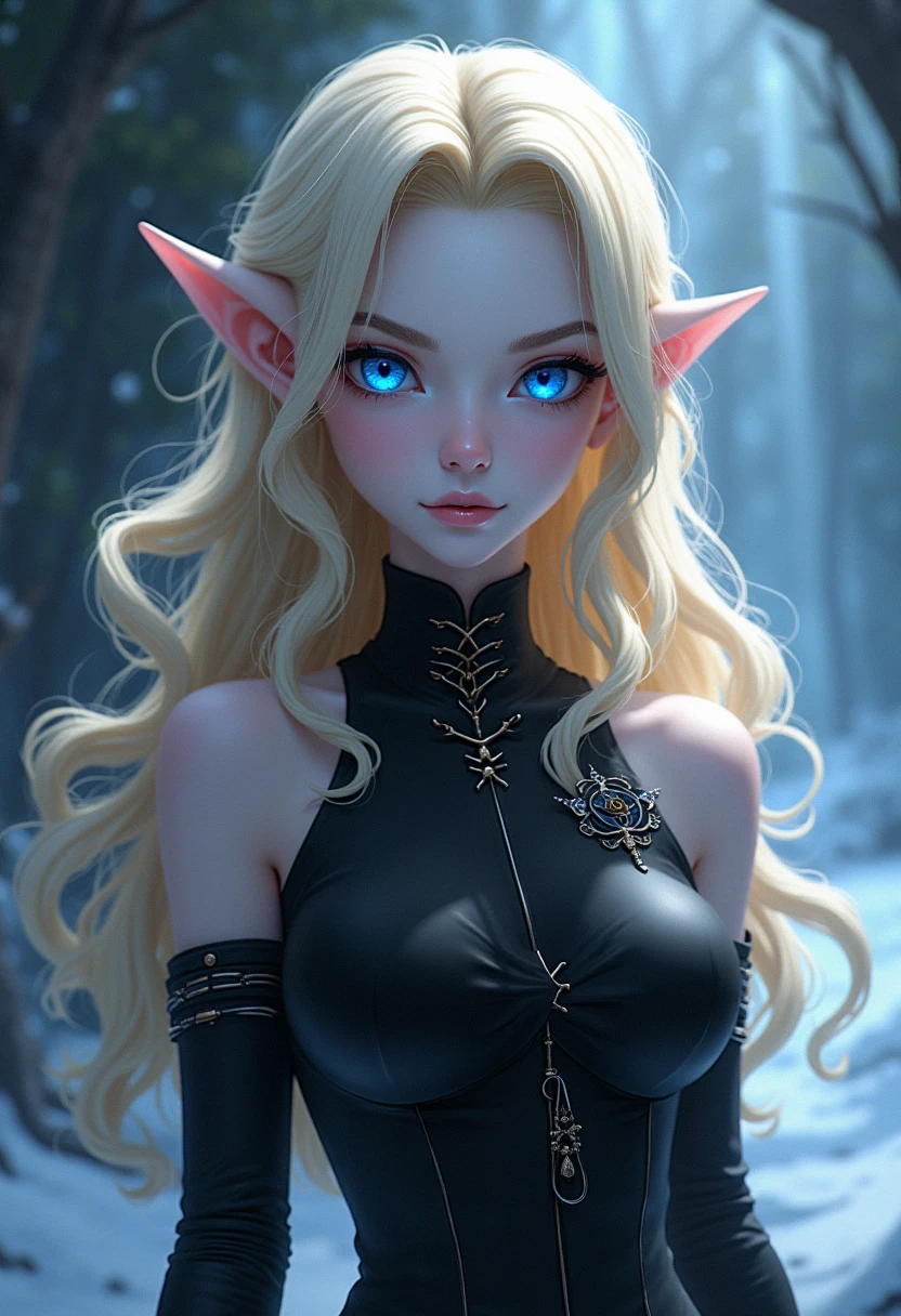 a portrait of a elf girl with freckles and bright striking blue eyes posing for a photo full body shot, bare shoulders, muscular, fit, defined abs, thongs, (prominent cameltoe) white freckles, long flowing green hair flying, glowing radiance, beautiful pale makeup, color portrait, stunning portrait, elegant freckles, wearing black thongs with glowing runes of power, black gloves, star-shine, gold dust spread across her skin and her face, (dark, hyper-realistic photos (((portrait))) refraction ,Dark background of magical night forest, deep woods, towering ruins, starlight skies