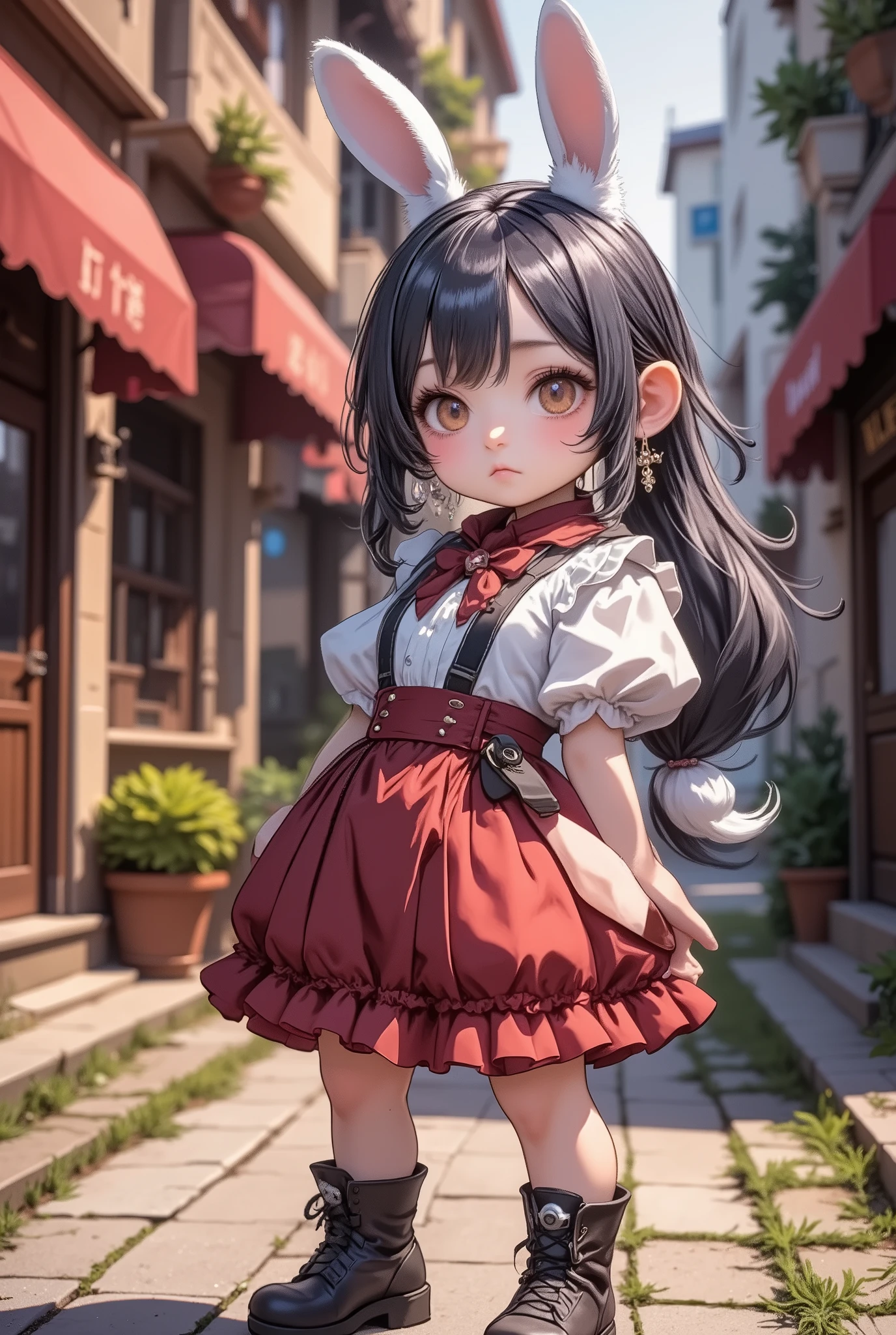 a cute chibi style girl, ( Masterpiece:1.3), ( disorganized :1.3), ( top quality:1.3),( perfect anatomy:1.5), the Perfect Finger,( detailed face), Alone, 1 woman around age 10,( Steampunk ), ( Victorian),Old Hong Kong,(Kowloon Region),Horizontal Angle,(( year old viewer)), ( very detailed:1.3),( Best Shadow:0.7),( small breasts), black hair, ponytail hair,(Pomade), beautiful eyes, beautiful eyes, 1 young woman , ((saggy small breasts)),(Muscular), alone, standing, crystal earrings , closed _mouth, arm_Behind_return,Priest,Red Hakama,Rest Outdoors, intimidating pose ,cowboy shot