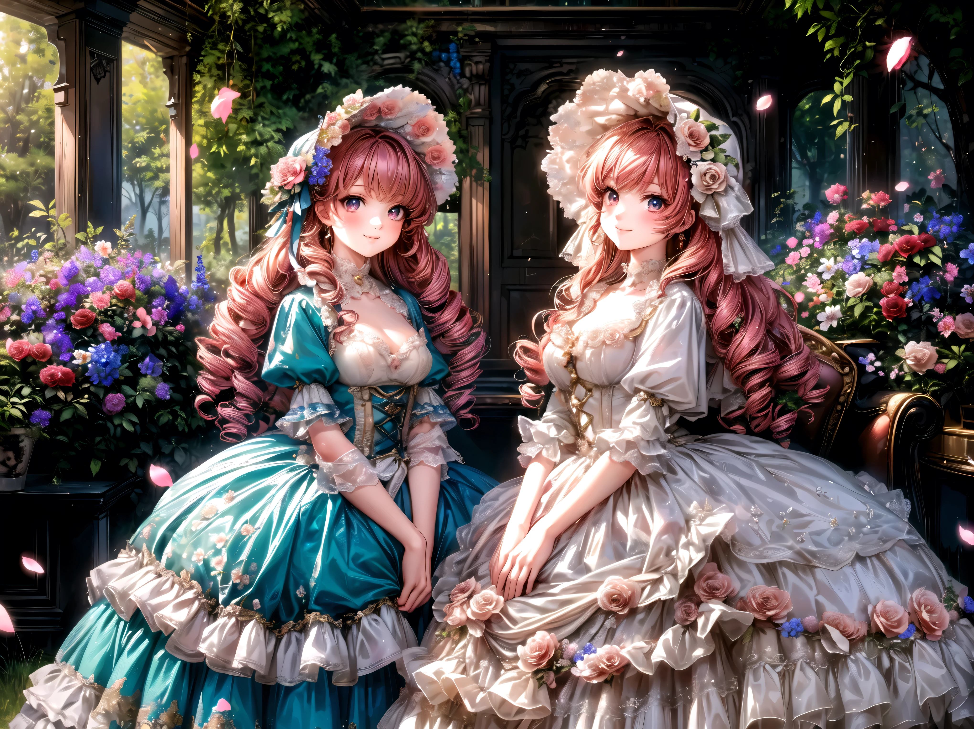 Lady, Curly Hair,  Floral Crinoline Hoop Skirt, elegant red petticoat dress,  big breasts, hyper detailed beautiful eyes, bonnet, Fluffy, pink hair, ((smile)), (( light particles)), Retro, forest, (((nature))), ( in the woods ), (((A small room surrounded by flowers))), sofa, ((Lots of colorful flowers)), ((Flowing Petals)),  sunlight filtering through the trees,  shallow depth of field ,  film grain, landscape, light sparkles, light leaks, (anime moe art style:1.3), ((Superbly detailed drawing, ultra detailed, exquisite quality, absolutely resolution)),